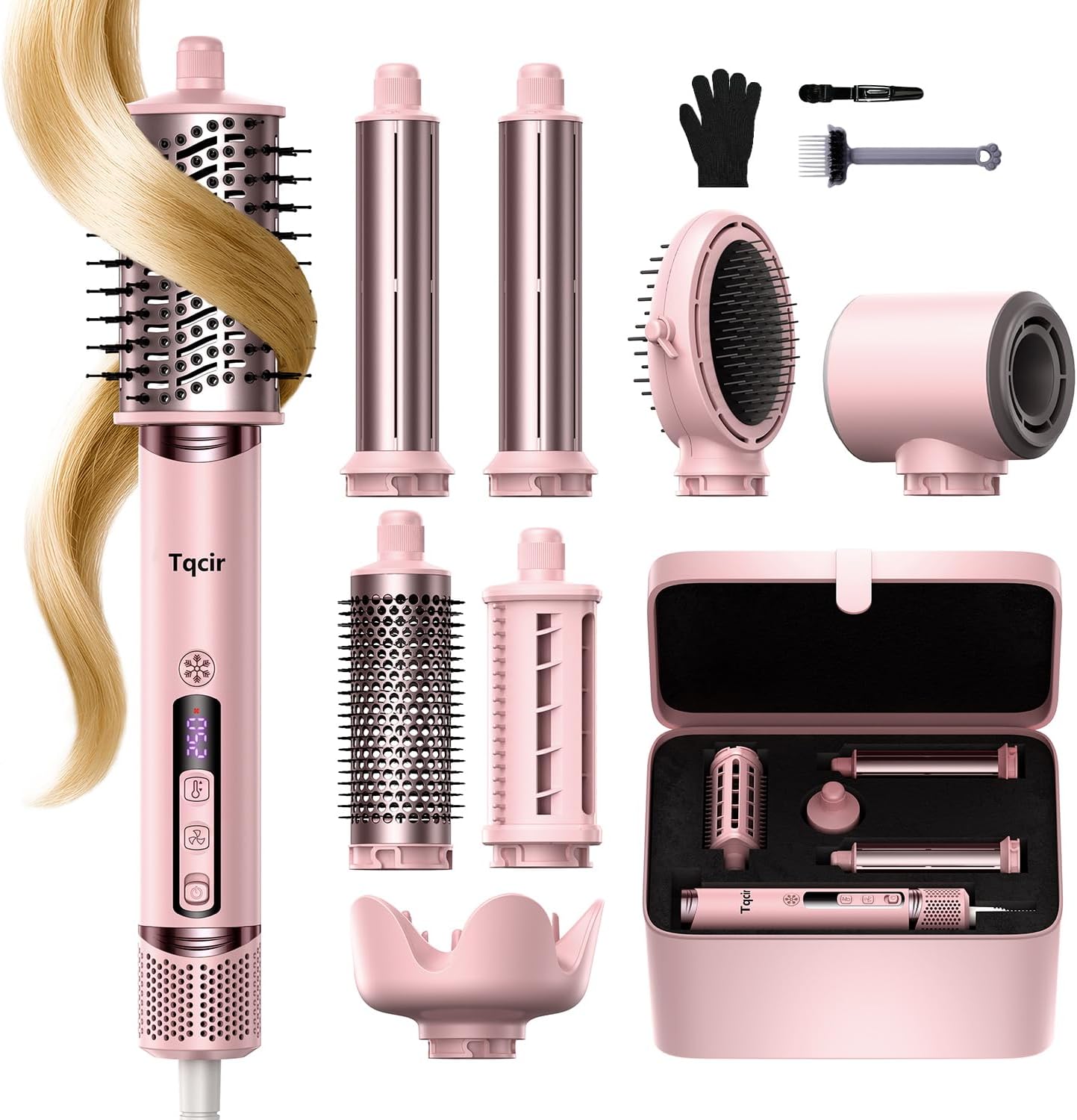 Tqcir 8 in 1 Hot Air Styler. Powerful Hair Dryer Brush with AutoWrap Curler | Anti-Frizz Blow Dryer for Fast Drying Curling Straightening Volumizing. Adjustable Heat & Speed. Storage Case(Pink)