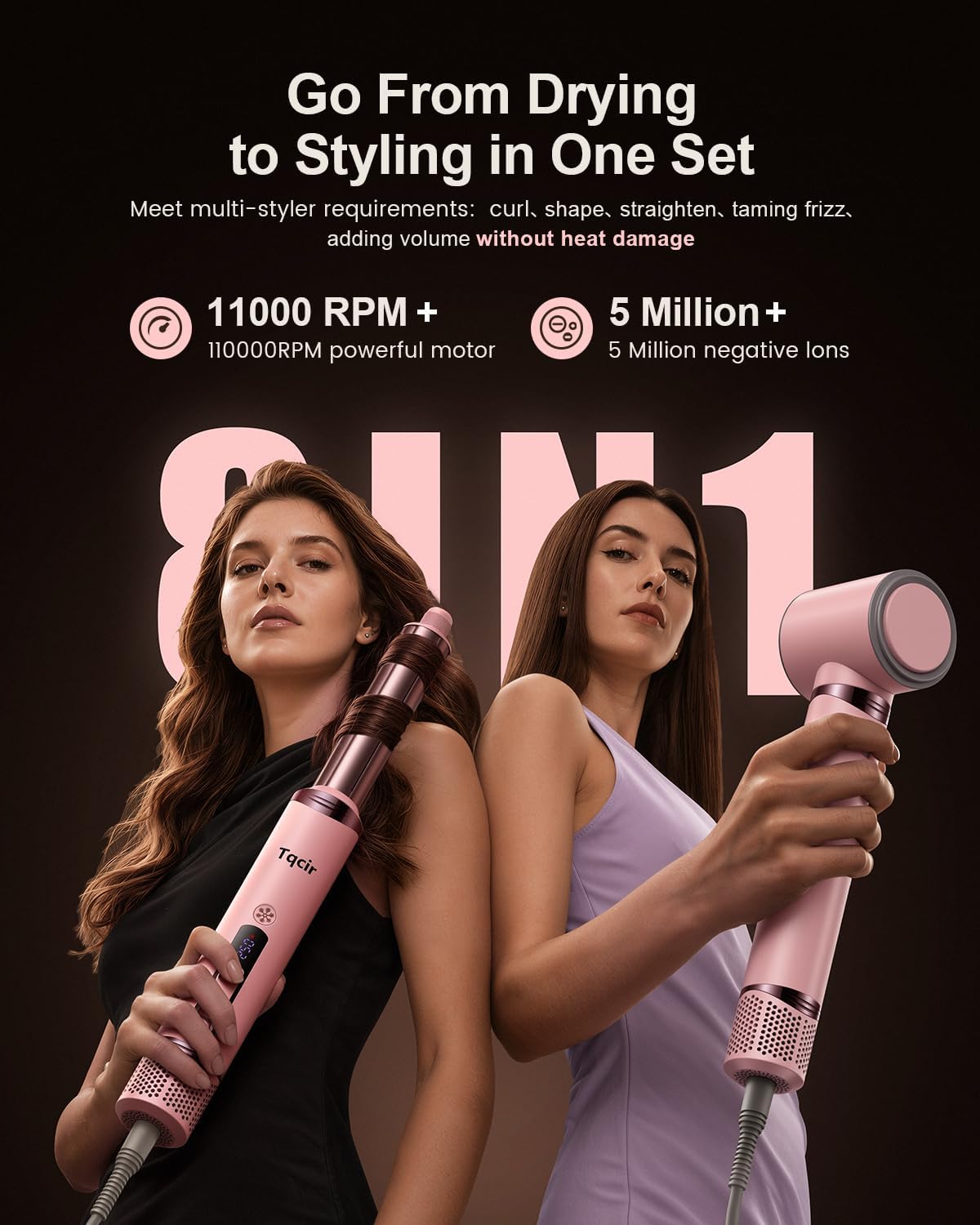 Tqcir 8 in 1 Hot Air Styler. Powerful Hair Dryer Brush with AutoWrap Curler | Anti-Frizz Blow Dryer for Fast Drying Curling Straightening Volumizing. Adjustable Heat & Speed. Storage Case(Pink)