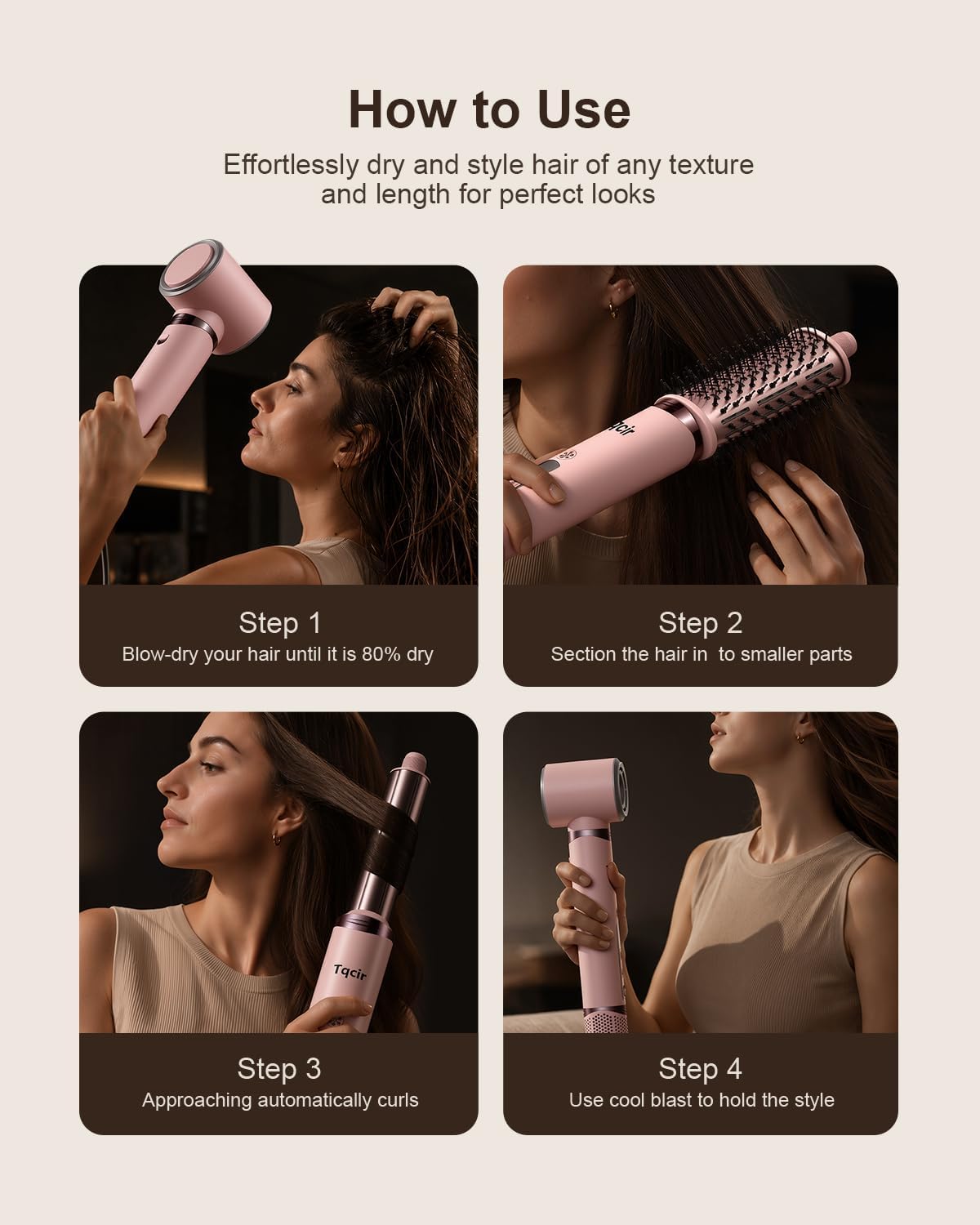 Tqcir 8 in 1 Hot Air Styler. Powerful Hair Dryer Brush with AutoWrap Curler | Anti-Frizz Blow Dryer for Fast Drying Curling Straightening Volumizing. Adjustable Heat & Speed. Storage Case(Pink)