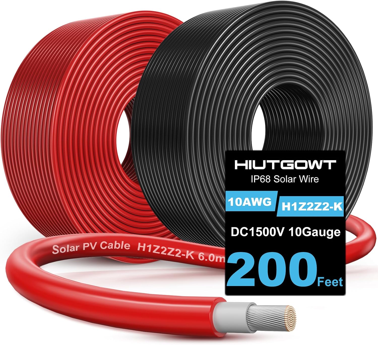 Hiutgowt 2x200Ft Solar Wire 10AWG. Solar Cables. Solar Extension Cable. 10 Gauge Tinned Copper PV Wire for Roofs RV Boat Automotive Camping Solar Panels Solar Chargers