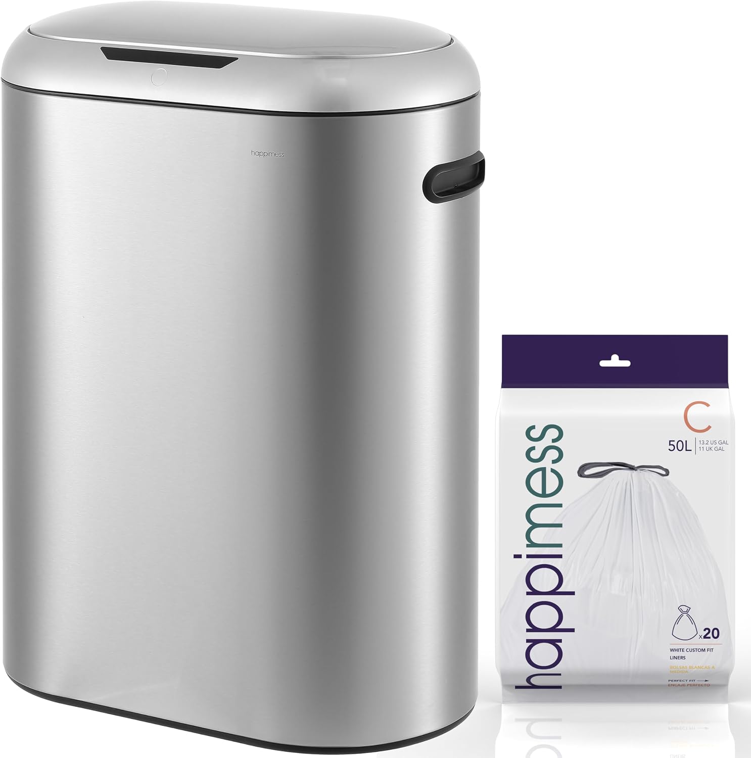 happimess 13.2 Gal Oval Motion Sensor Trash Can. Platinum Silver | Oval. Motion Sensor. Touch Mode. Fingerprint Resistant. Stainless Steel. Soft Close Lid. 17.7 W x 9.84 D x 24.2 H
