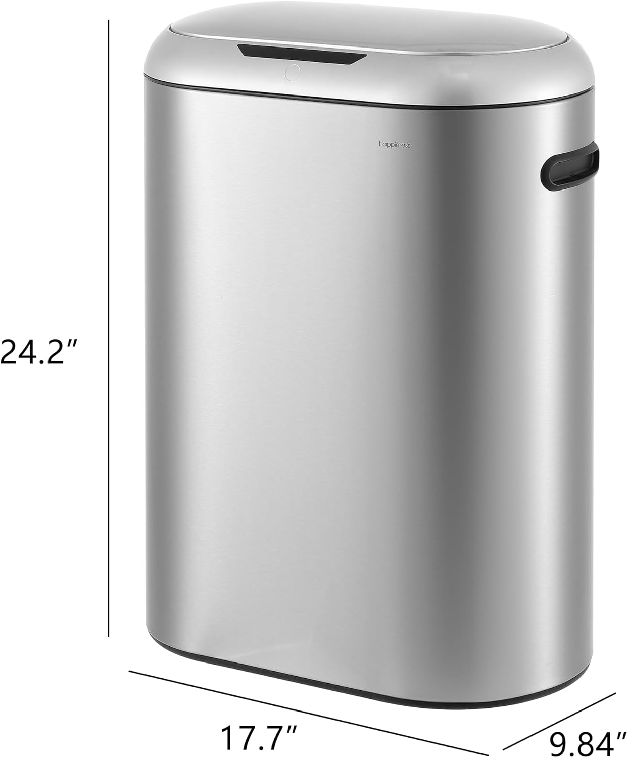 happimess 13.2 Gal Oval Motion Sensor Trash Can. Platinum Silver | Oval. Motion Sensor. Touch Mode. Fingerprint Resistant. Stainless Steel. Soft Close Lid. 17.7 W x 9.84 D x 24.2 H
