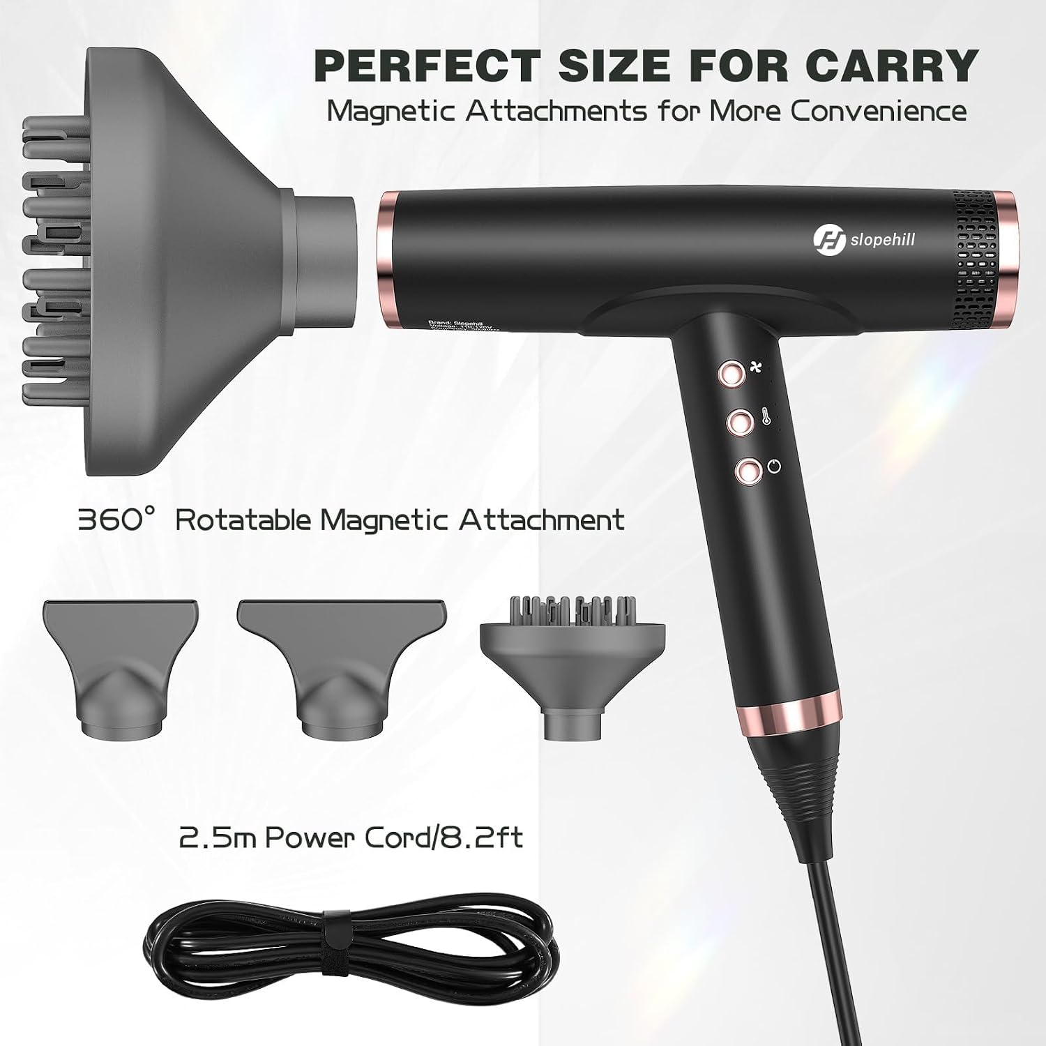 slopehill Professional Ionic Hair Dryer with Diffuser - Lightweight. Compact. Powerful & Fast Salon Blow Dryer with High Speed Brushless Motor for Travel. Women & Men Ceramic. Black