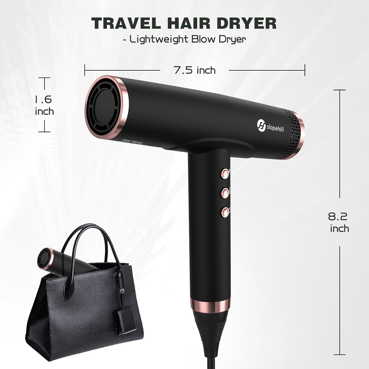 slopehill Professional Ionic Hair Dryer with Diffuser - Lightweight. Compact. Powerful & Fast Salon Blow Dryer with High Speed Brushless Motor for Travel. Women & Men Ceramic. Black