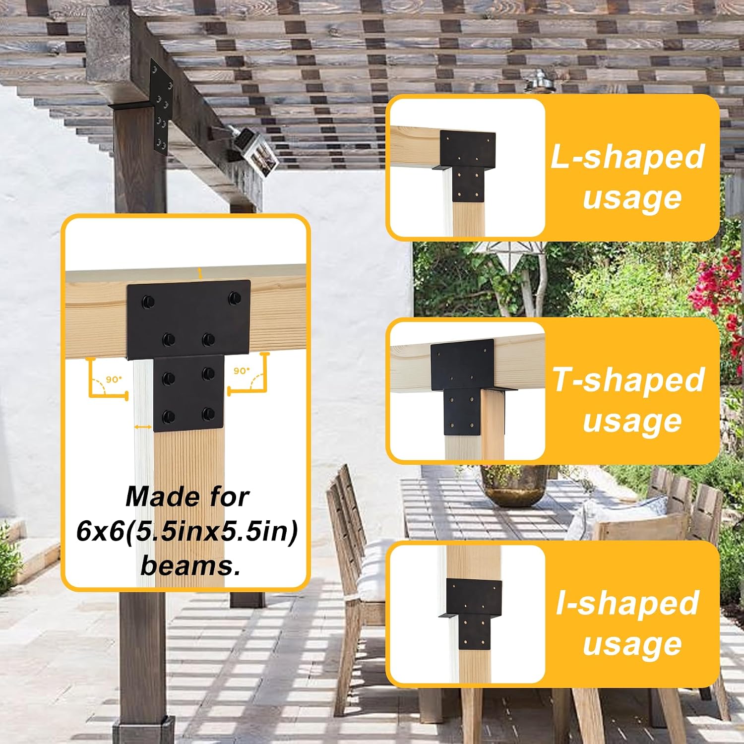 6x6 ( 5.5x5.5) Post Brackets Kit. 4 Pack Heavy-Duty Post Caps Tie Bracket | Brackets for Wood Posts Beam Support. Gazebo Pergola Deck Porch Wood Connections Steel Brackets
