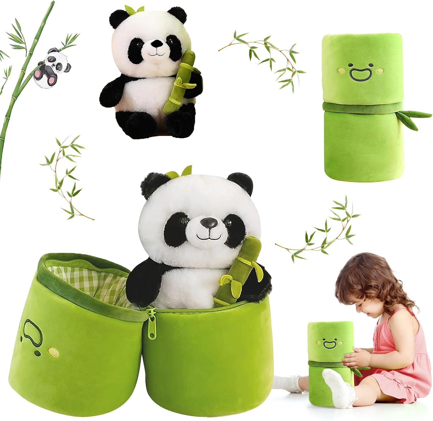 Emoin Soft Reversible Panda Stuffed Animals with Bamboo Storage Bag. 11-Inch Interactive Baby Toy. Cute Cuddly Panda Plush Toy for Kids & Adults – Perfect for Birthday & Easter Gifts | 11-Inch Interactive Baby Toy. Cute Cuddly Panda Plush for Kids Adults. Birthday Gift
