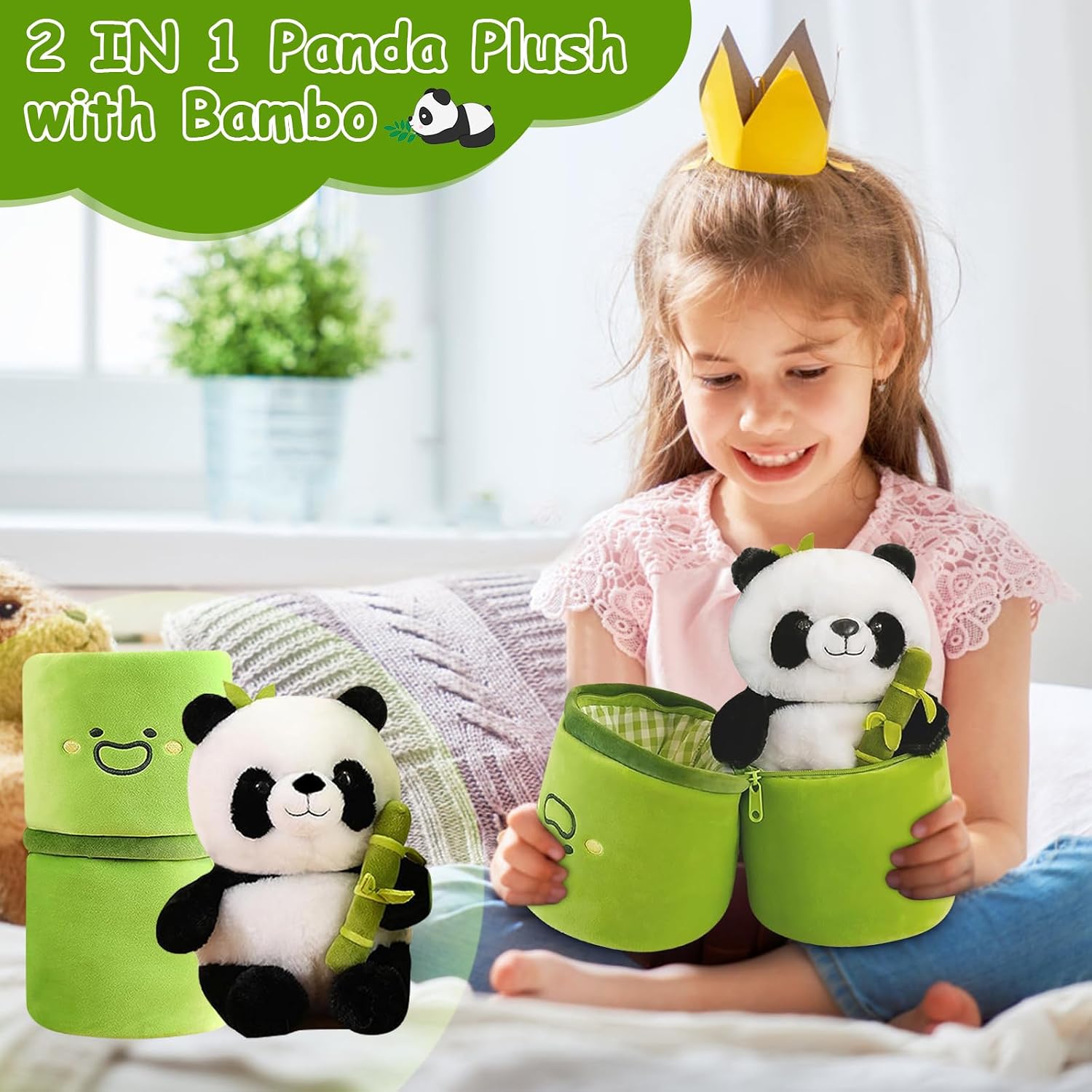Emoin Soft Reversible Panda Stuffed Animals with Bamboo Storage Bag. 11-Inch Interactive Baby Toy. Cute Cuddly Panda Plush Toy for Kids & Adults – Perfect for Birthday & Easter Gifts | 11-Inch Interactive Baby Toy. Cute Cuddly Panda Plush for Kids Adults. Birthday Gift