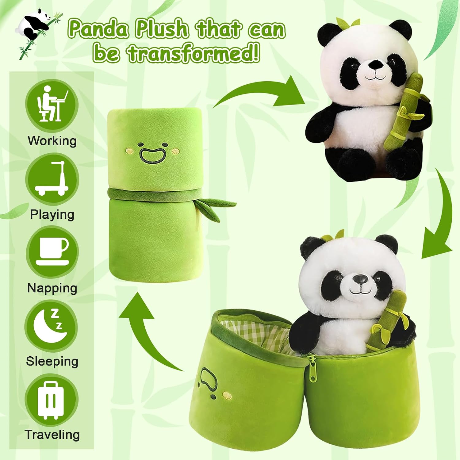 Emoin Soft Reversible Panda Stuffed Animals with Bamboo Storage Bag. 11-Inch Interactive Baby Toy. Cute Cuddly Panda Plush Toy for Kids & Adults – Perfect for Birthday & Easter Gifts | 11-Inch Interactive Baby Toy. Cute Cuddly Panda Plush for Kids Adults. Birthday Gift
