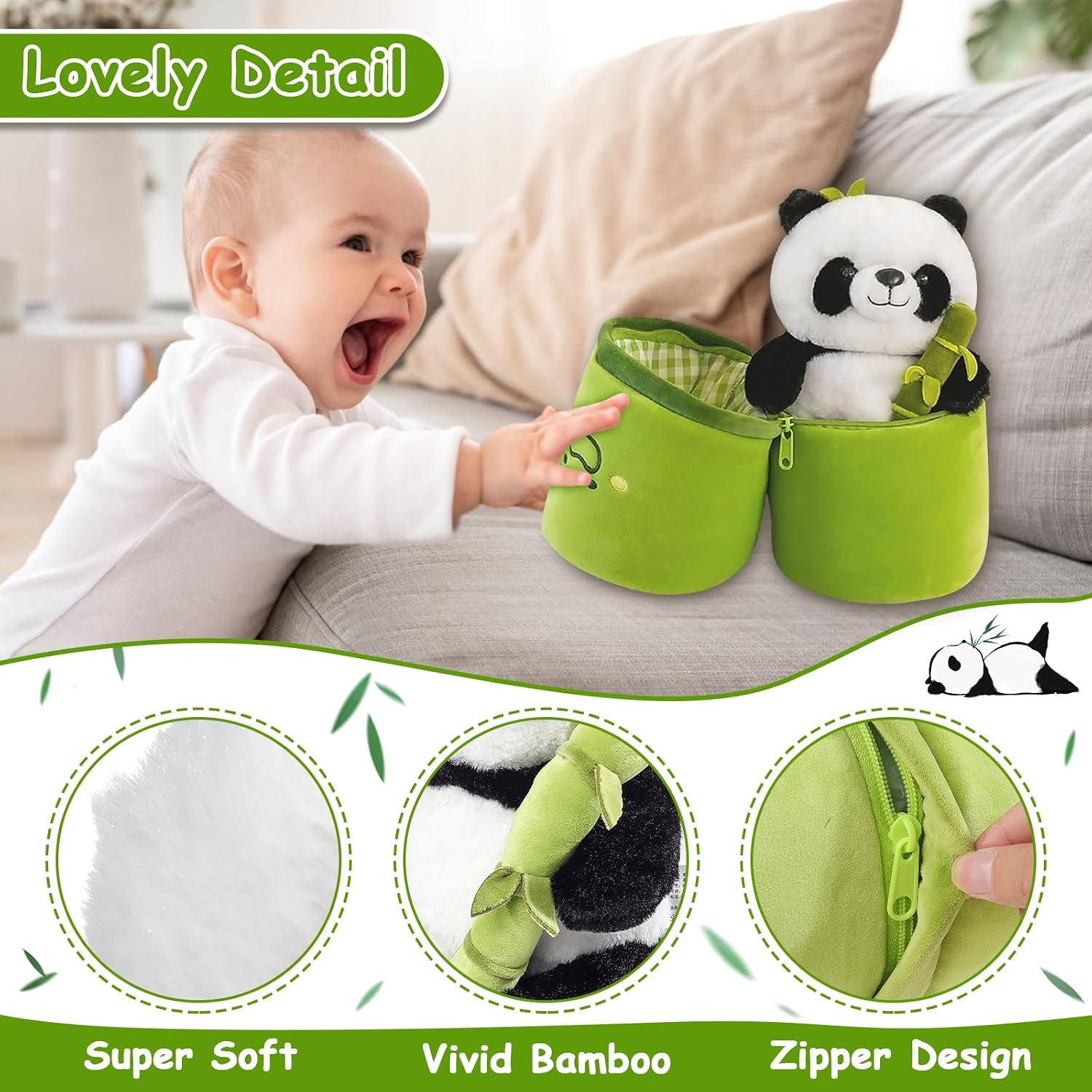 Emoin Soft Reversible Panda Stuffed Animals with Bamboo Storage Bag. 11-Inch Interactive Baby Toy. Cute Cuddly Panda Plush Toy for Kids & Adults – Perfect for Birthday & Easter Gifts | 11-Inch Interactive Baby Toy. Cute Cuddly Panda Plush for Kids Adults. Birthday Gift