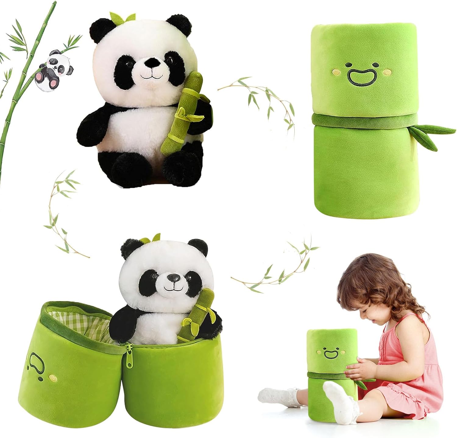 Emoin Soft Reversible Panda Stuffed Animals with Bamboo Storage Bag. 11-Inch Interactive Baby Toy. Cute Cuddly Panda Plush Toy for Kids & Adults – Perfect for Birthday & Easter Gifts | 11-Inch Interactive Baby Toy. Cute Cuddly Panda Plush for Kids Adults. Birthday Gift