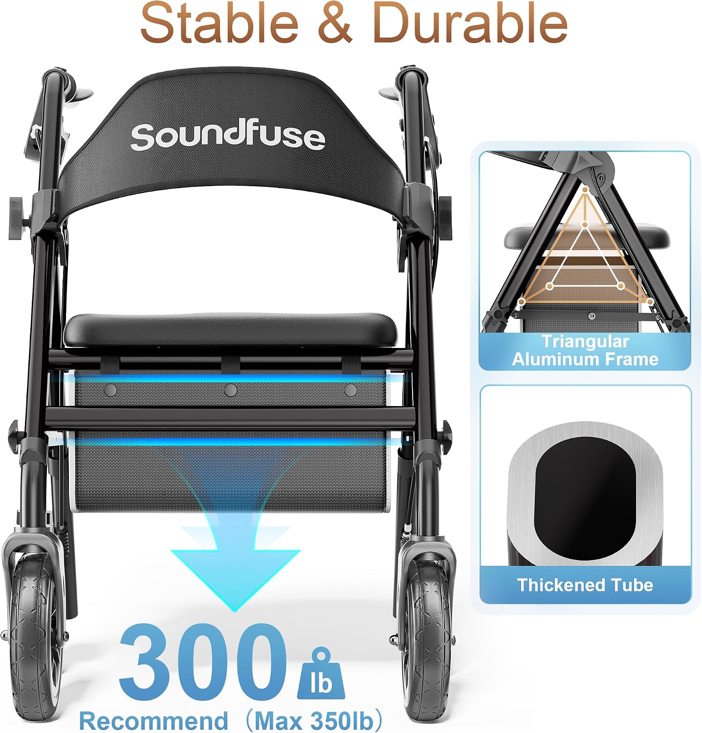 soundfuse Foldable Rollator Walkers for Seniors with Seat. 8'' PU Wheels | Ergonomic Padded Seat. Lightweight Aluminum Frame. Dual Height Adjustable. Rolling Walker with Big Storage Bag for Daily Use