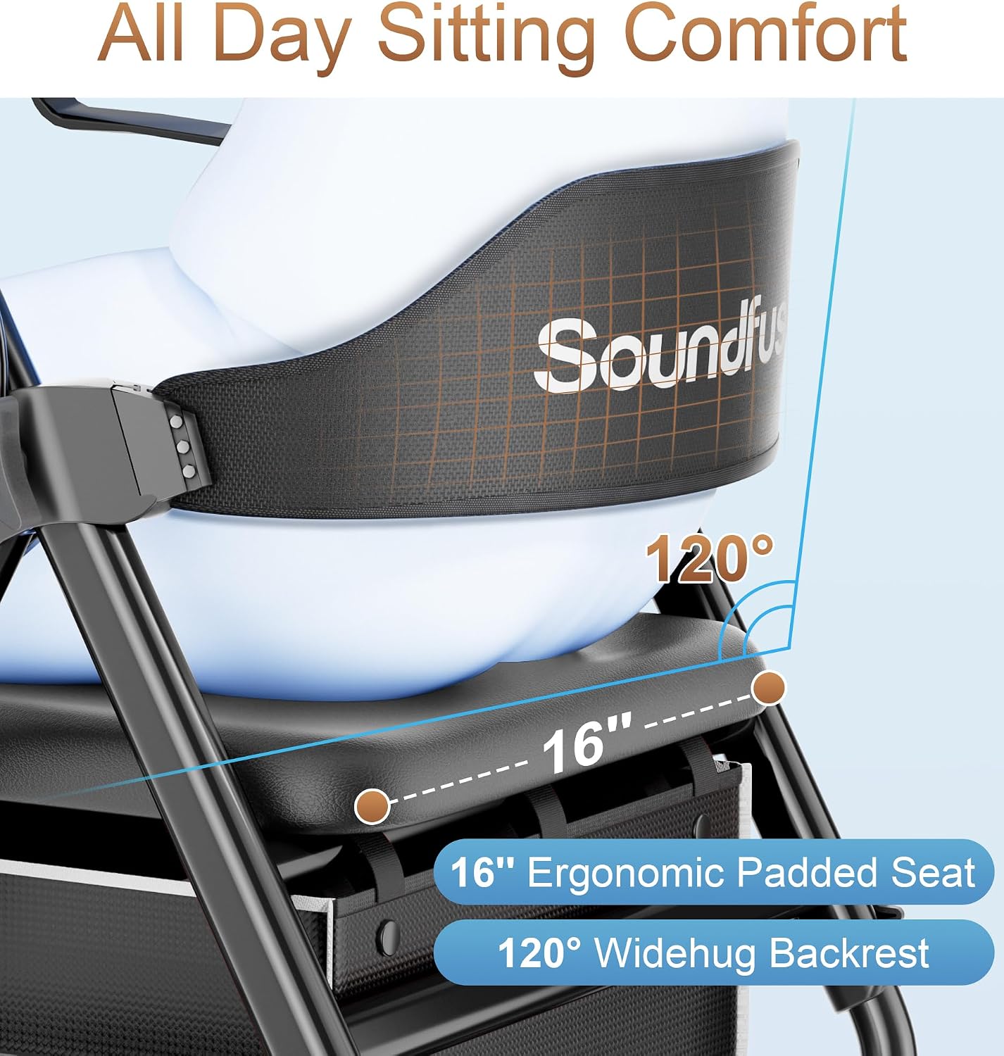 soundfuse Foldable Rollator Walkers for Seniors with Seat. 8'' PU Wheels | Ergonomic Padded Seat. Lightweight Aluminum Frame. Dual Height Adjustable. Rolling Walker with Big Storage Bag for Daily Use