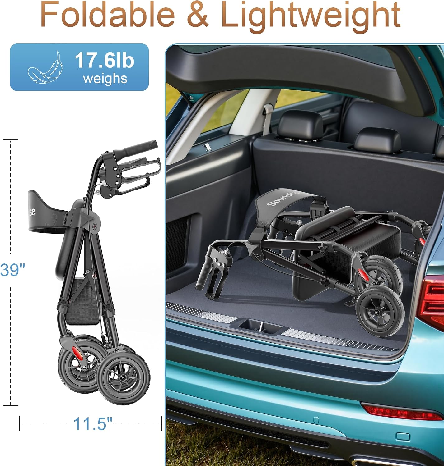 soundfuse Foldable Rollator Walkers for Seniors with Seat. 8'' PU Wheels | Ergonomic Padded Seat. Lightweight Aluminum Frame. Dual Height Adjustable. Rolling Walker with Big Storage Bag for Daily Use