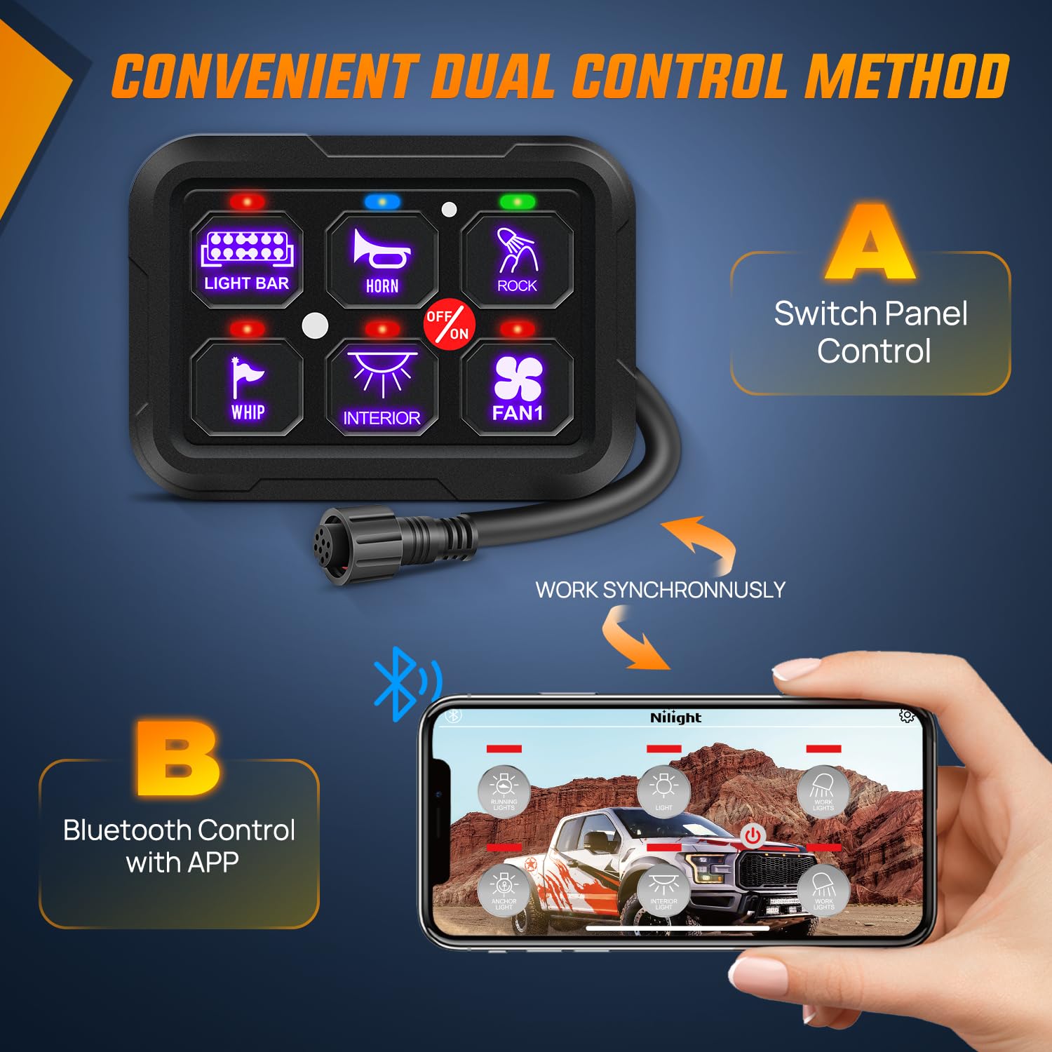 Nilight 6 Gang Switch Panel Relay System w/APP Control Automatic Dimmable | RGB Backlight Panel Circuit Control 1-side Output Fuse Wiring Harness ON Off LED Switch Pod for 12V 24V Car Truck Camper SUV
