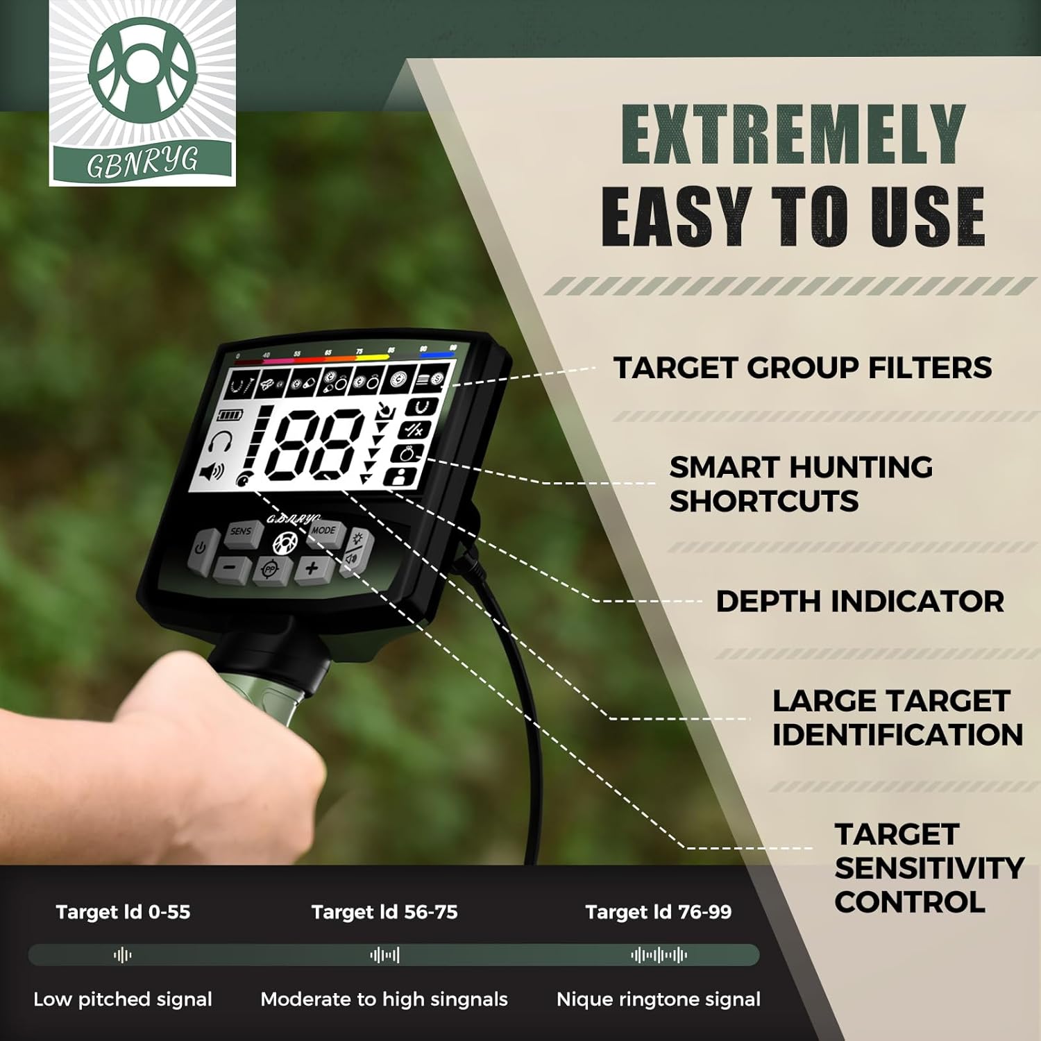 Gbnryg Professional Metal Detector for Adults.12 IP68 Waterproof Search Coil with LCD Backlight.5 Modes Gold Detector.Advanced DSP Chip&High Accuracy System for Beach/Gold Hunting