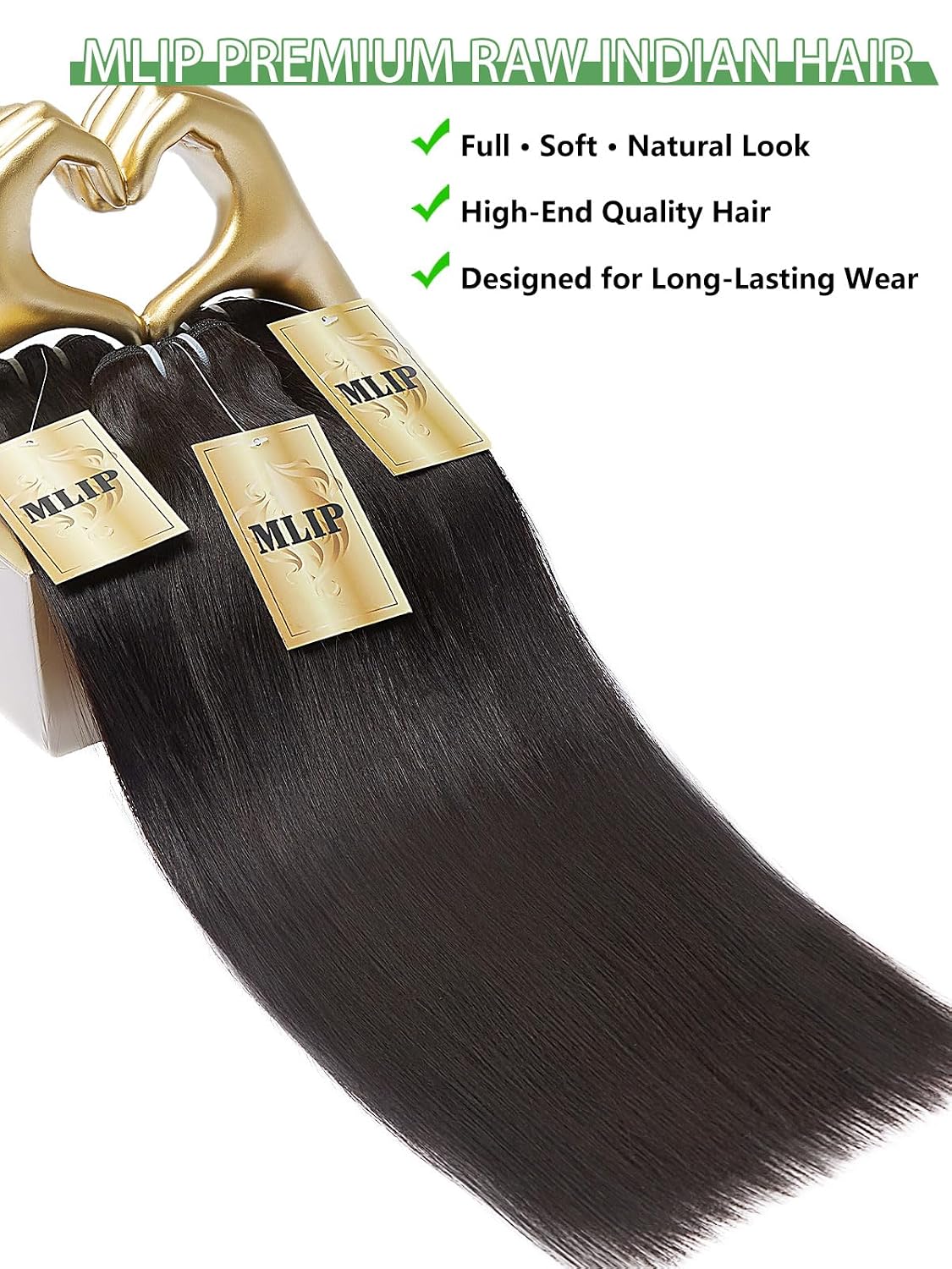 MLIP Human Hair Bundles Straight. Raw Virgin Indian Hair. Full & Natural | Low Tangle. Low Shedding. Stays Silky Soft After Multiple Washes. Lasts 3X Longer. Natural Black. 3 Bundles. 16 18 20 Inch