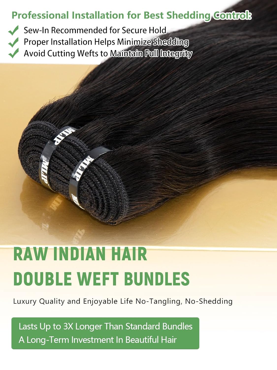 MLIP Human Hair Bundles Straight. Raw Virgin Indian Hair. Full & Natural | Low Tangle. Low Shedding. Stays Silky Soft After Multiple Washes. Lasts 3X Longer. Natural Black. 3 Bundles. 16 18 20 Inch
