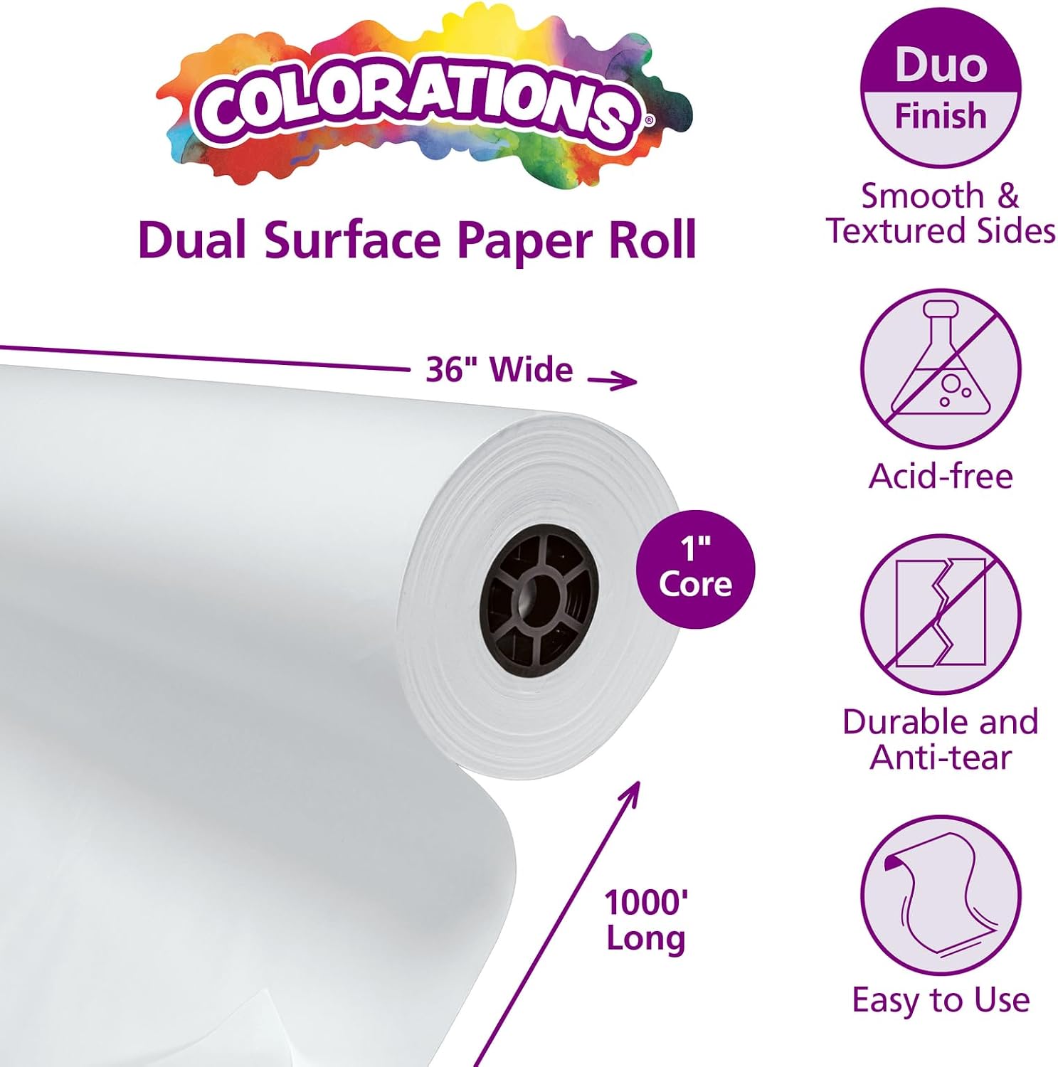 Colorations Dual Surface Paper Roll Classroom Supplies for Arts and Crafts White (36 x 1000') (Item # DSWH) | Textured Paper. Classroom Arts & Crafts Supplies. Bulletin Board. Gift Wrapping. Chalkboard Wallpaper