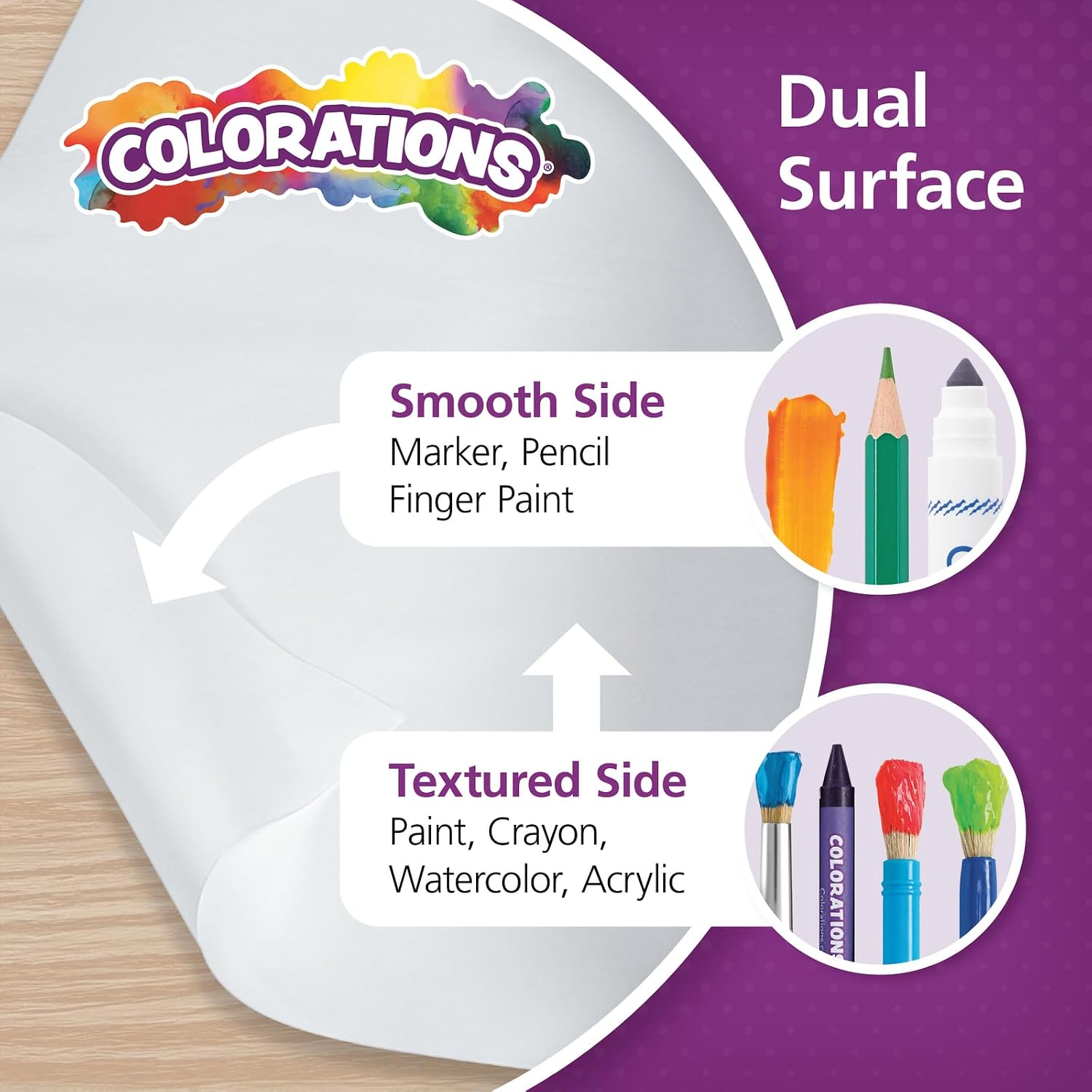 Colorations Dual Surface Paper Roll Classroom Supplies for Arts and Crafts White (36 x 1000') (Item # DSWH) | Textured Paper. Classroom Arts & Crafts Supplies. Bulletin Board. Gift Wrapping. Chalkboard Wallpaper