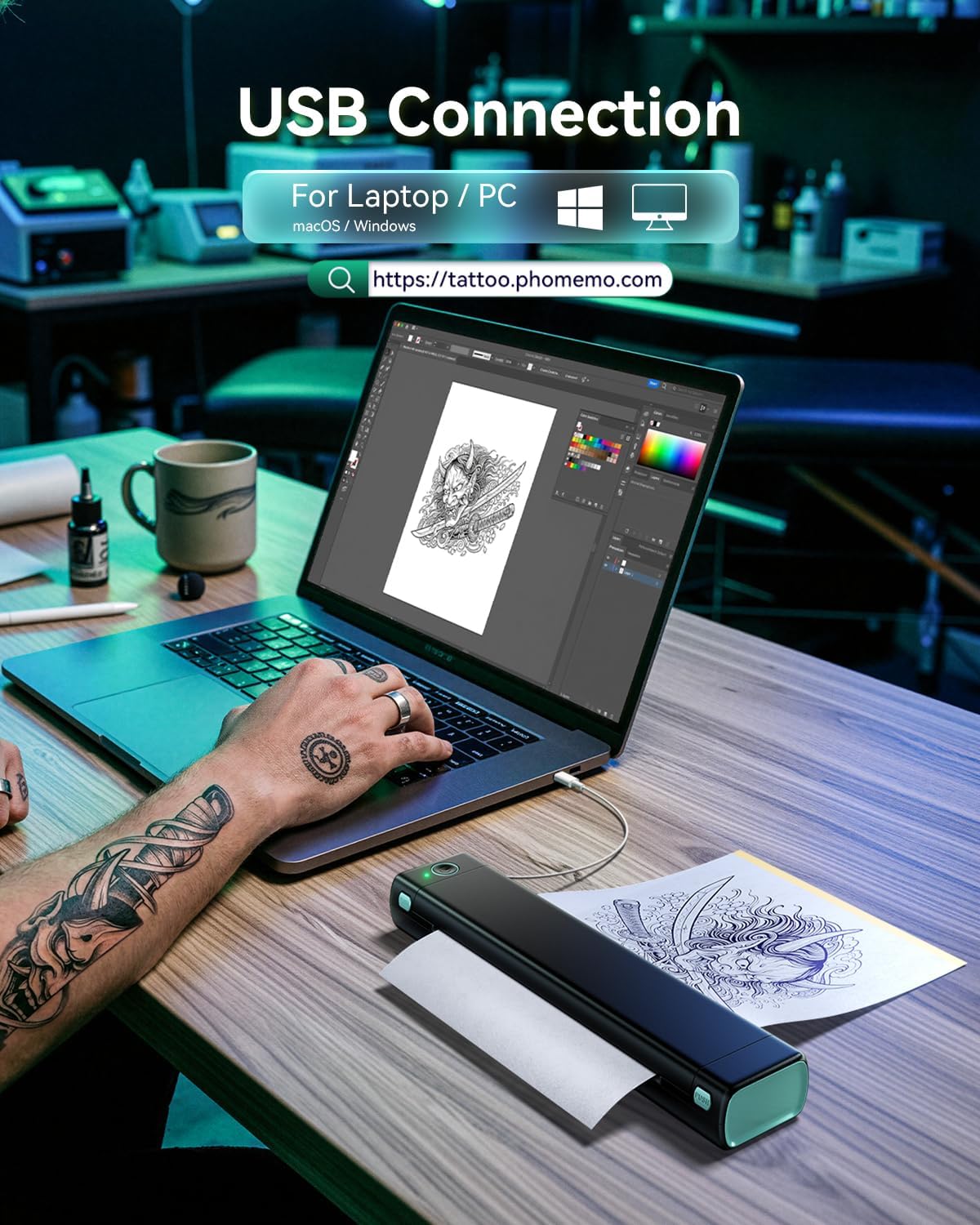 Phomemo M08F Tattoo Stencil Printer. Bluetooth. Wireless. Thermal. Portable | with 10pcs Transfer Paper. Compatible with Phone/Tablet/PC. for Tattoo Artists & Beginners. Black & Green