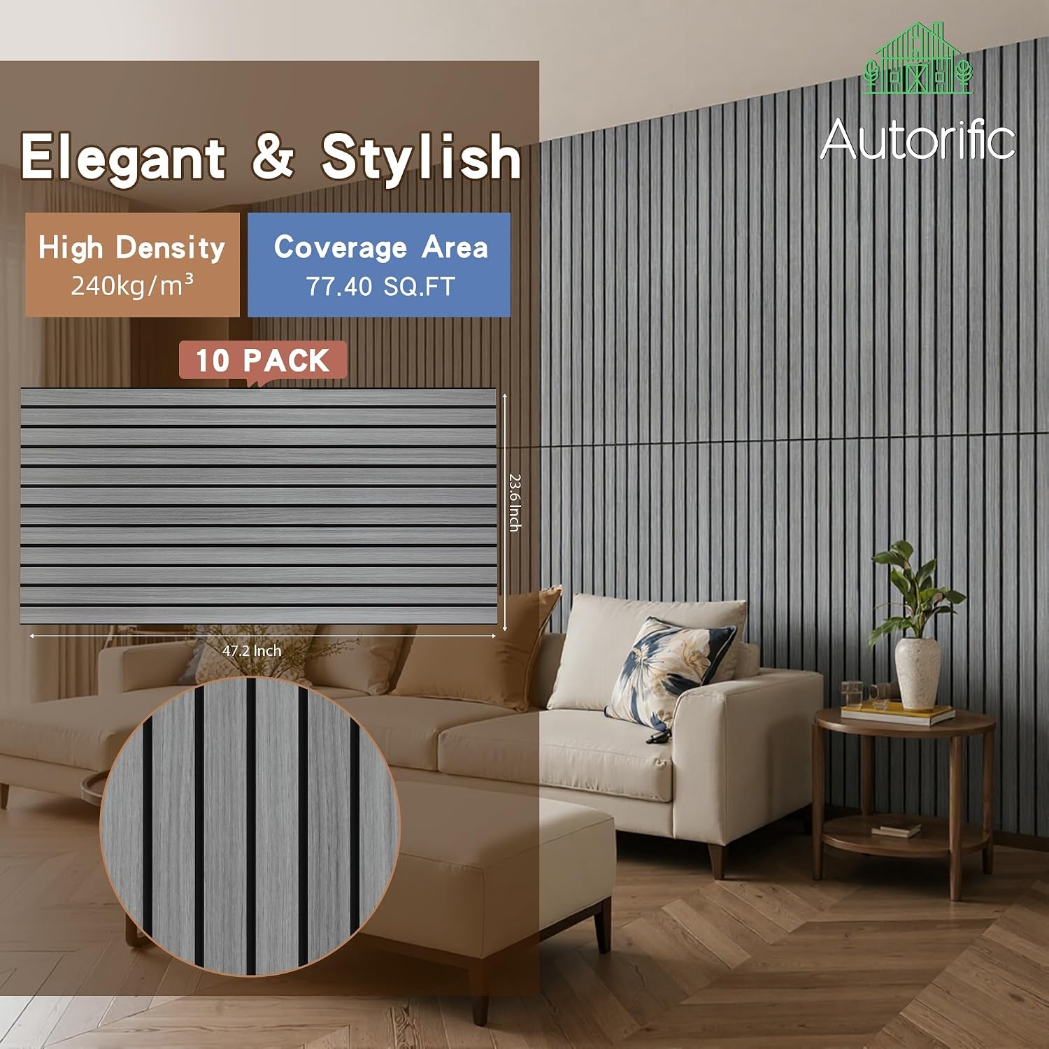 AUTORIFIC Acoustic Wall Panels. 10 Pack Sound Panels. 47.2x23.6.Gray Oak | Soundproof Panels with Simulated Wood Grain Finish.Acoustic Wall Panels.Decorative Wall Panels. High-Density Polyester Fiber