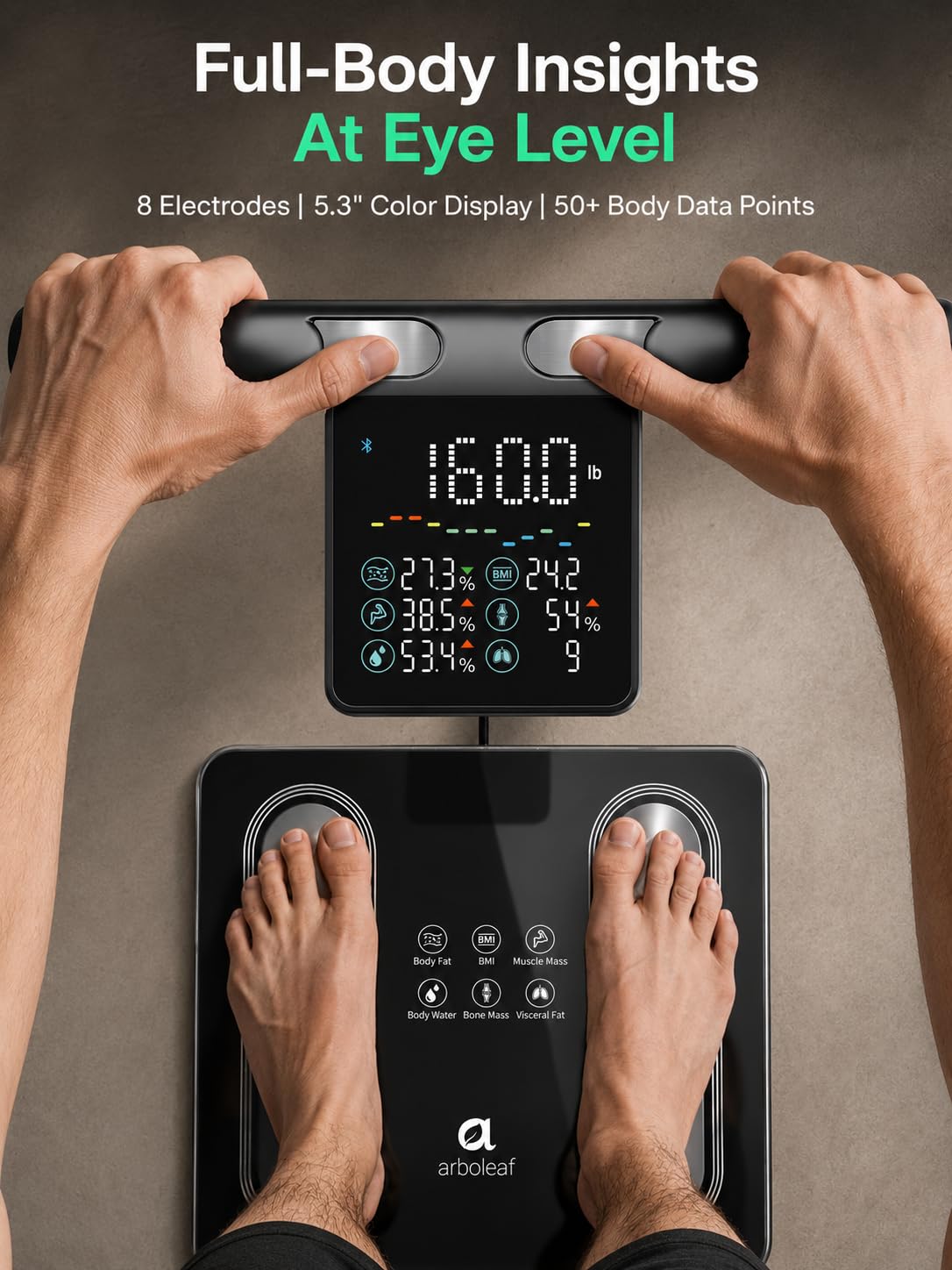 Arboleaf 8-Electrode Body Composition Scale with Handle Display. Black | Eye-level 5.3-inch Display. 50+ Body Metrics. Bluetooth App Sync. and 400 lb Capacity for Everyday Home Fitness Tracking