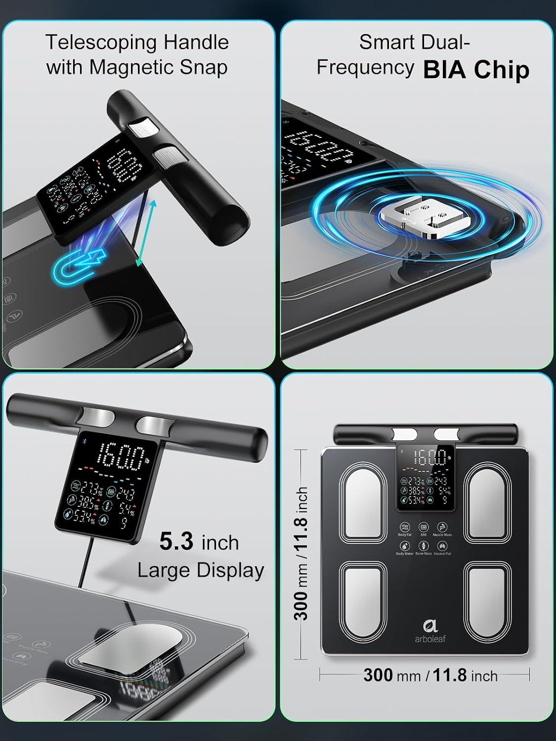 Arboleaf 8-Electrode Body Composition Scale with Handle Display. Black | Eye-level 5.3-inch Display. 50+ Body Metrics. Bluetooth App Sync. and 400 lb Capacity for Everyday Home Fitness Tracking