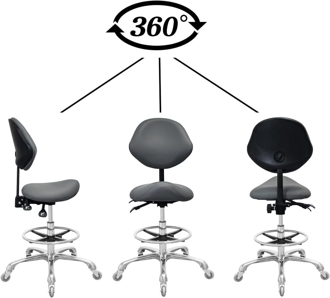 Nazalus Saddle Stool Chair with Back Support Footrest. Heavy-Duty(350LBS). Hydraulic Rolling Swivel Adjustable Stool Chair for Salon Spa Beauty Massage Dental Clinic Home Office Use(Grey)