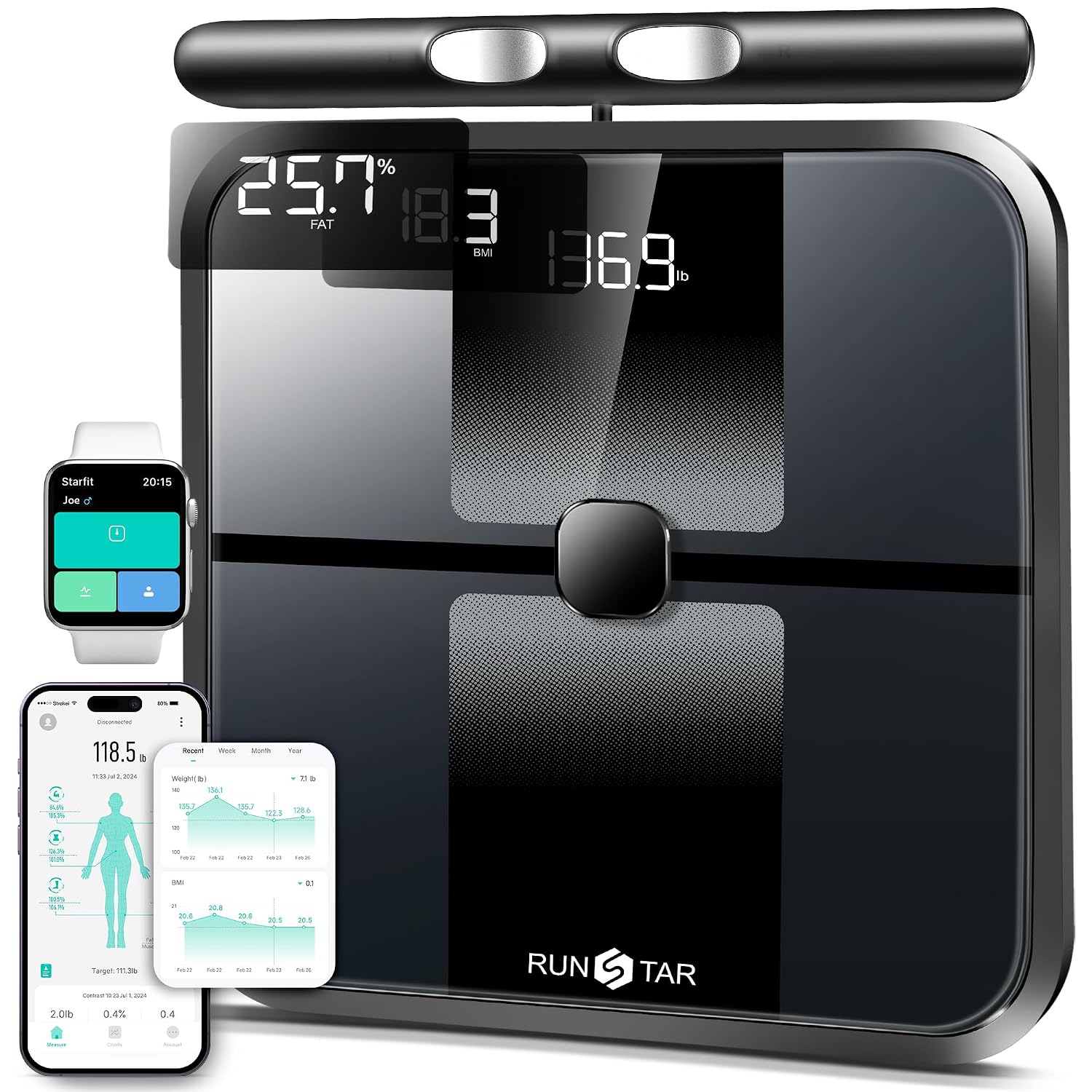 RunStar Scale for Body Weight and Fat Percentage. 8-Electrode Full Body Composition Monitor 28 Body Metrics Sync App. BMI. Muscle Mass-High Accuracy Digital Bathroom Scale with 3-Metric Display