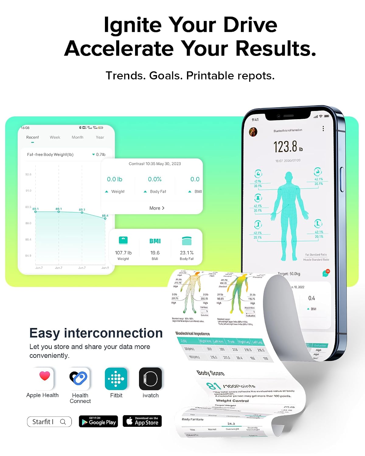 RunStar Scale for Body Weight and Fat Percentage. 8-Electrode Full Body Composition Monitor 28 Body Metrics Sync App. BMI. Muscle Mass-High Accuracy Digital Bathroom Scale with 3-Metric Display