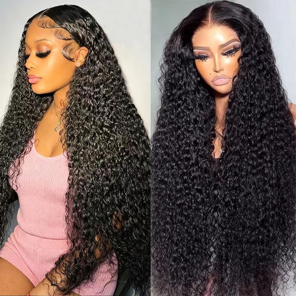 NUEAHWO 22 Inch Water Wave Lace Front Wigs Human Hair Pre Plucked 13X6 Lace Front Wigs Human Hair 200 Density Deep Part Curly Wig for Women Natural Black