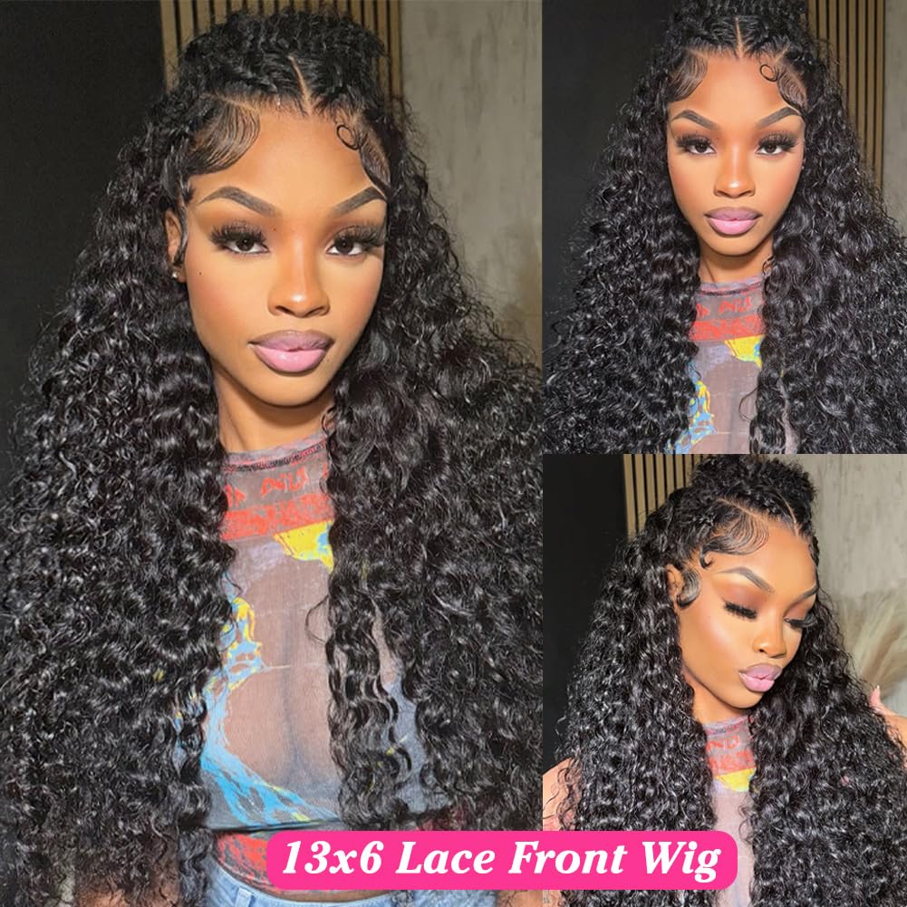 NUEAHWO 22 Inch Water Wave Lace Front Wigs Human Hair Pre Plucked 13X6 Lace Front Wigs Human Hair 200 Density Deep Part Curly Wig for Women Natural Black