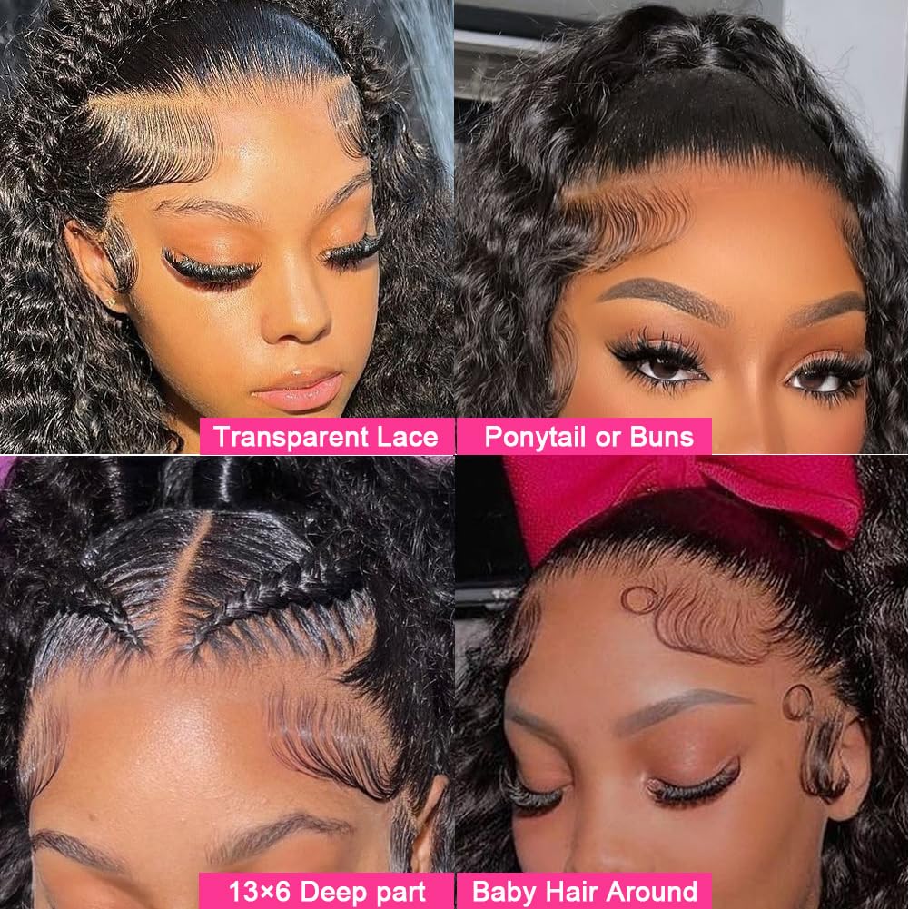 NUEAHWO 22 Inch Water Wave Lace Front Wigs Human Hair Pre Plucked 13X6 Lace Front Wigs Human Hair 200 Density Deep Part Curly Wig for Women Natural Black