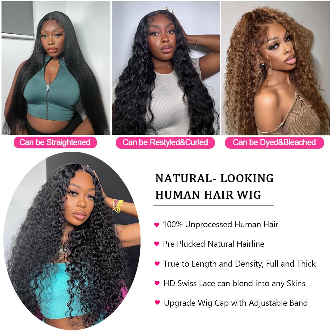 NUEAHWO 22 Inch Water Wave Lace Front Wigs Human Hair Pre Plucked 13X6 Lace Front Wigs Human Hair 200 Density Deep Part Curly Wig for Women Natural Black