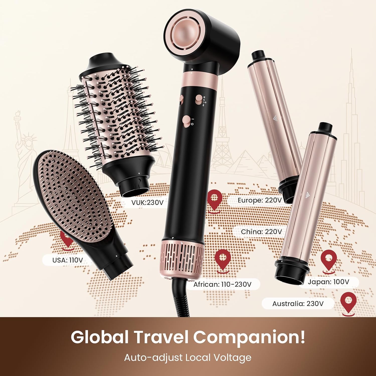 MESCOMB 5-in-1 Dual Voltage Hair Dryer Brush for Travel with Storage Bag | Travel Hot Air Styler. 100V-240V Hair Styler for Home and Travel. Auto-Wrap Curls. Volume. Smooth Styling.Black