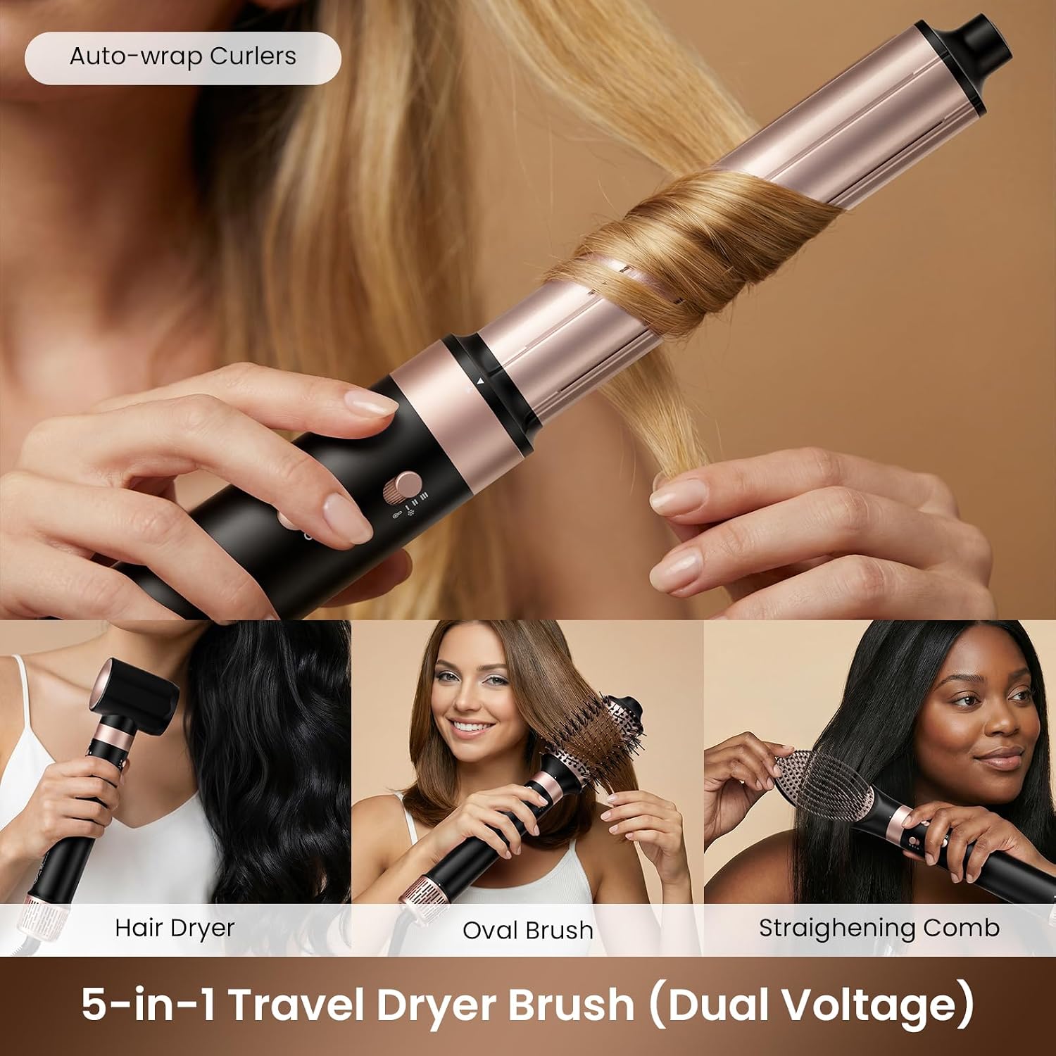 MESCOMB 5-in-1 Dual Voltage Hair Dryer Brush for Travel with Storage Bag | Travel Hot Air Styler. 100V-240V Hair Styler for Home and Travel. Auto-Wrap Curls. Volume. Smooth Styling.Black