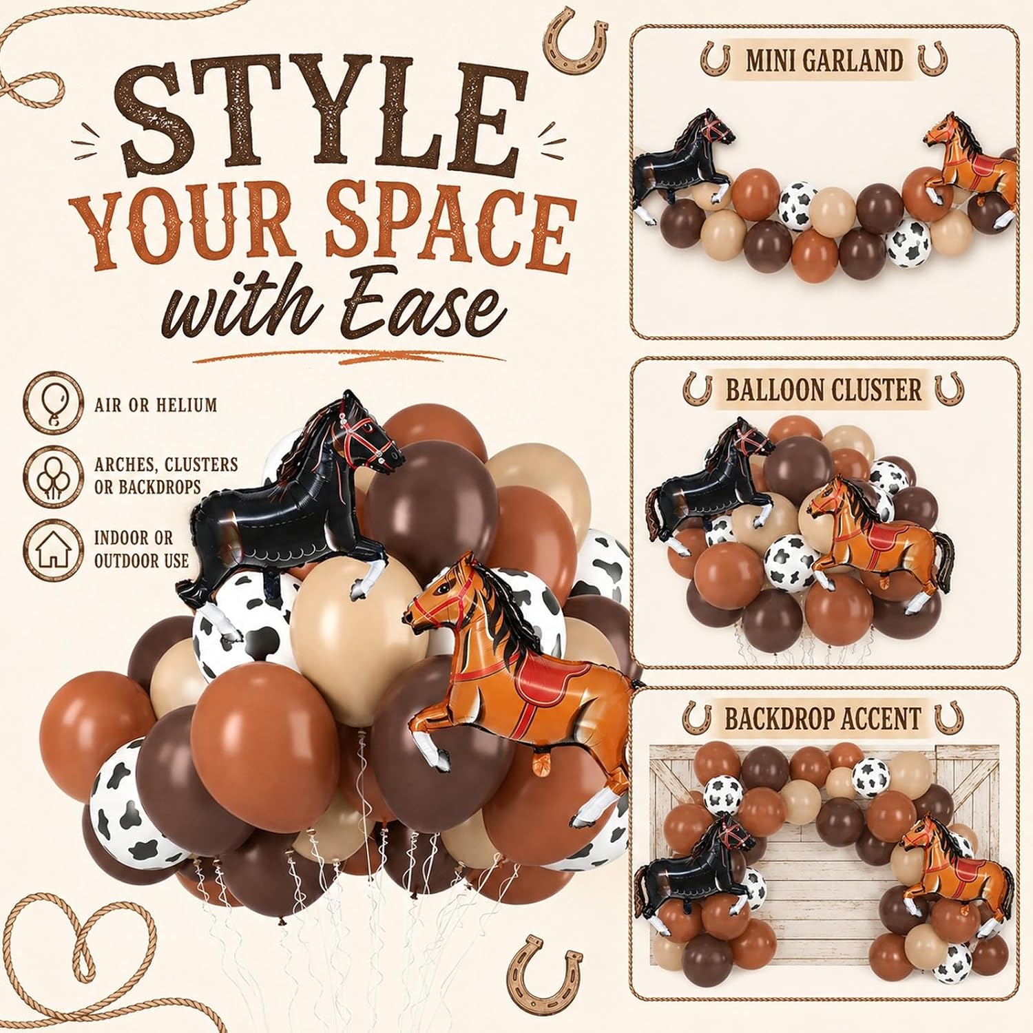 Brown Cow Balloons.Cowboy Western Birthday Decorations for Boys Party | Horse Foil Balloon Dark Coffee Brown Tan Apricot Nude Cow Print Latex Set for Cowboy Western Baby Shower Decorations