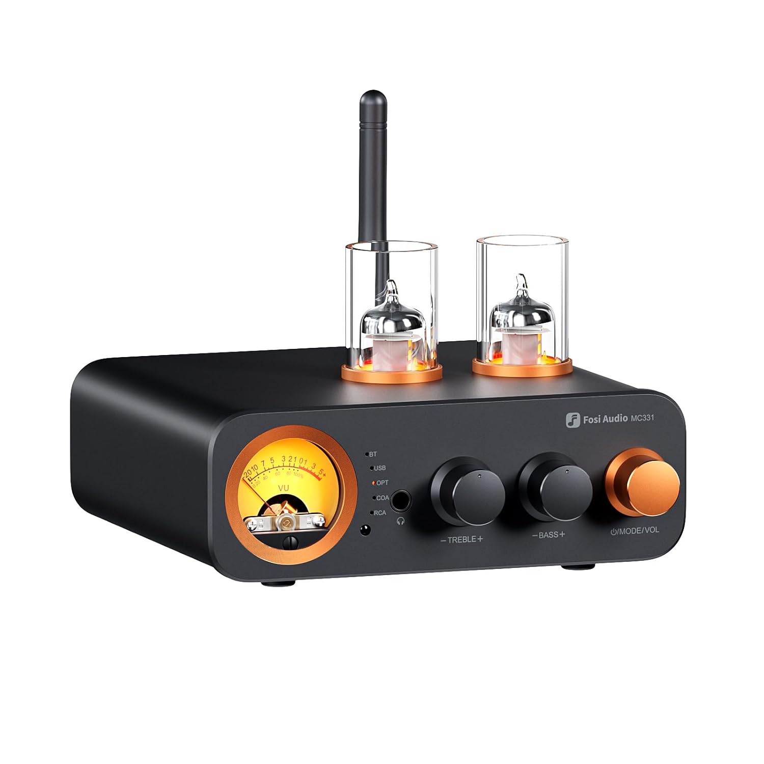 Fosi Audio MC331 Tube Integrated Amplifier with DAC. 2 Channel Home Audio Stereo Power Amp for HiFi Bookshelf Speakers/3.5mm Headphones. Vintage VU Meter Preamp with Bluetooth and USB/Opt/Coax/RCA