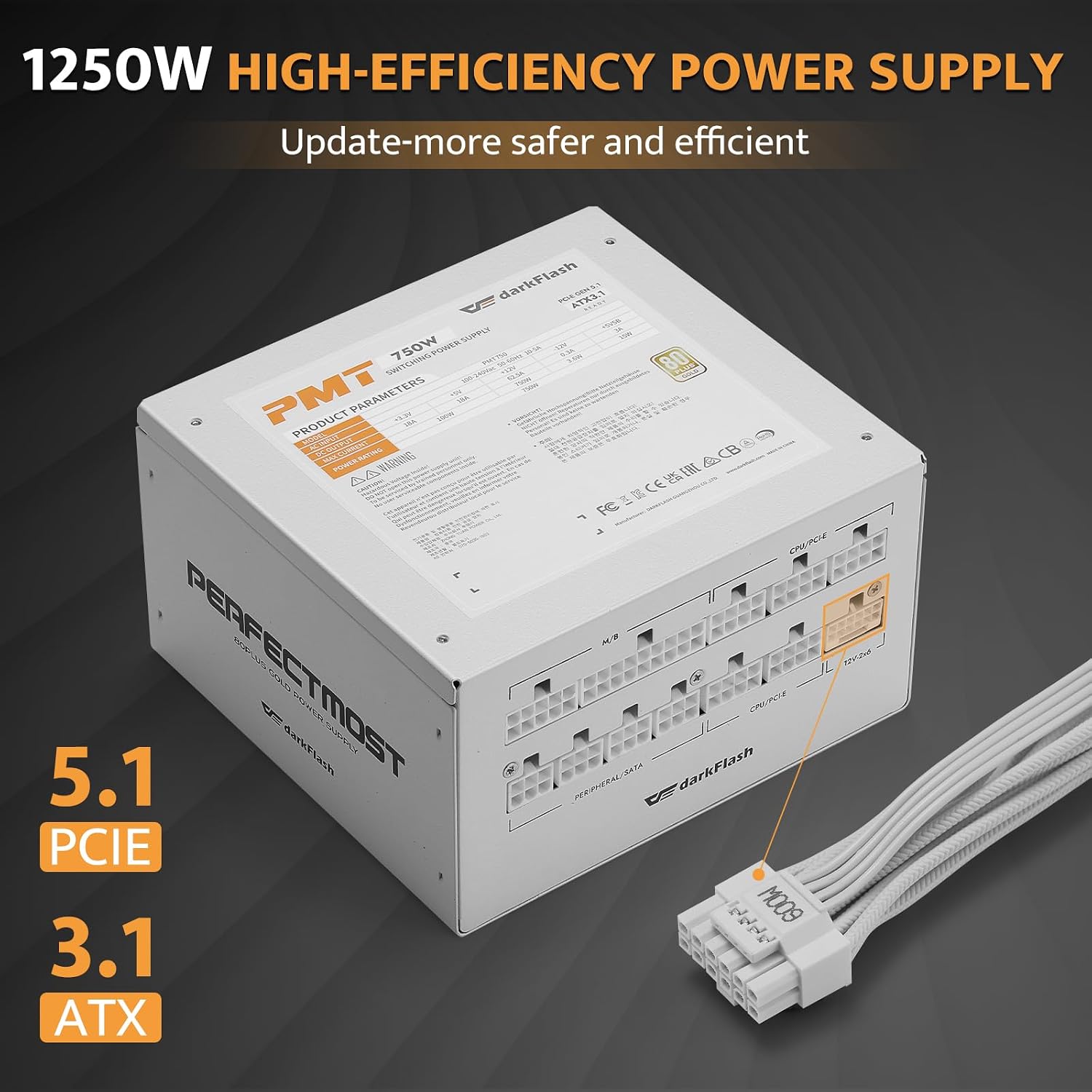 darkFlash PMT1250 Fully Modular Power Supply ATX 3.1& PCIe 5.1 Ready. 12VHPWR Cable Included. 100% Japanese 105°C Capacitors. 80 Plus Gold Gaming PSU. Compact 150mm Size. 5 Year Warranty(White)