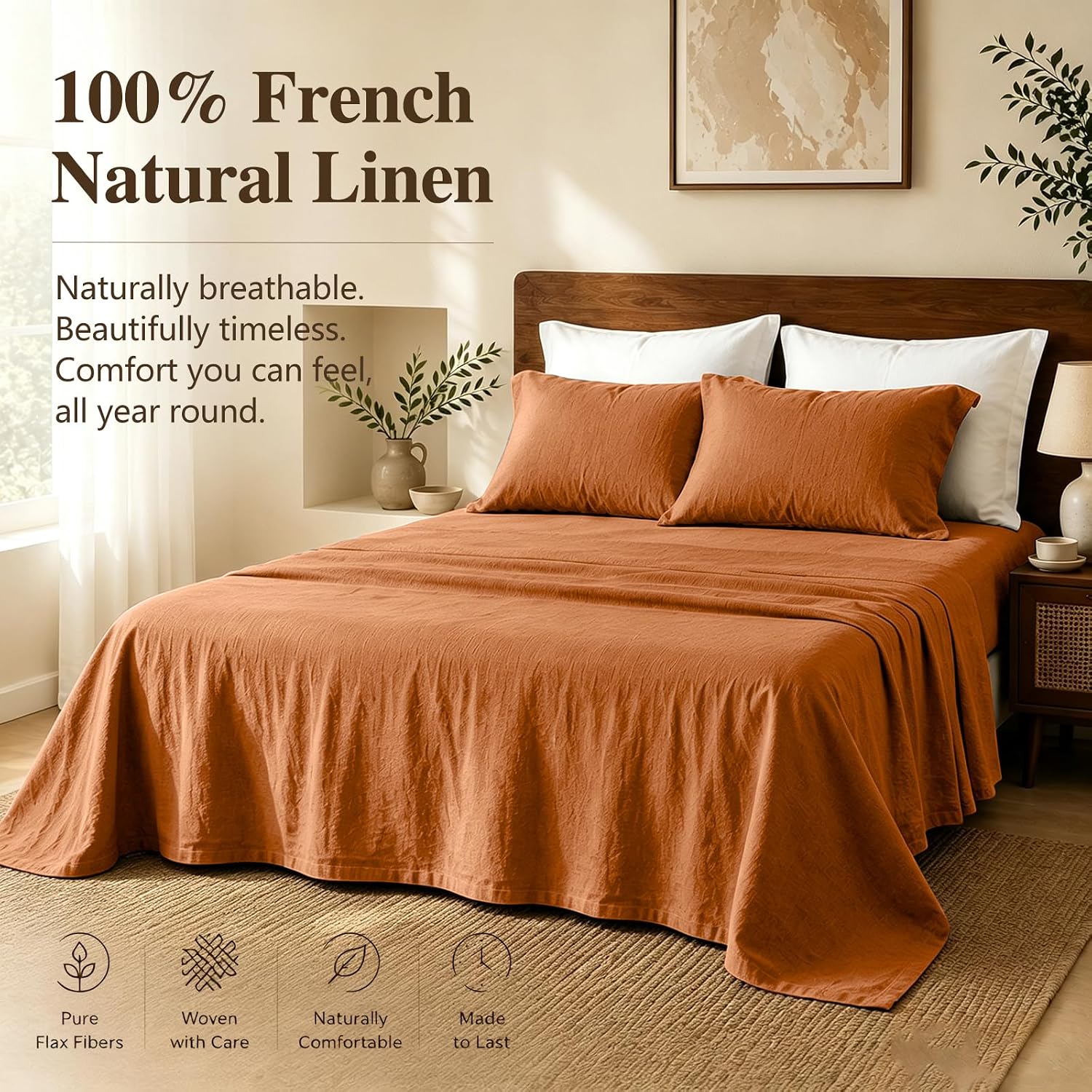 MEISHANG 100% French Linen Sheets California King.4 Pcs.18-24 Deep Pocket | Soft Durable Linen Sheets. Breathable. Anti-Tear. OEKO-TEX Certified. Easy Care Machine Washable