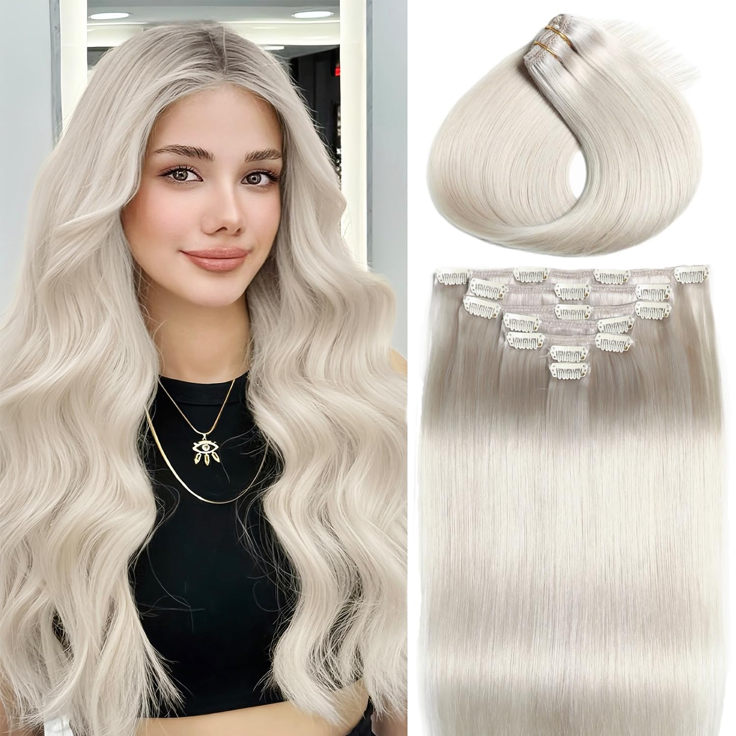 Clip in Hair Extensions Platinum Blonde Remy Hair Clip ins 22 Inch Clip in | Hair Extensions Real Human Hair 7pcs Straight Silky Human Hair Extensions Clip ins for Women 120g Add Volume Soft Silky