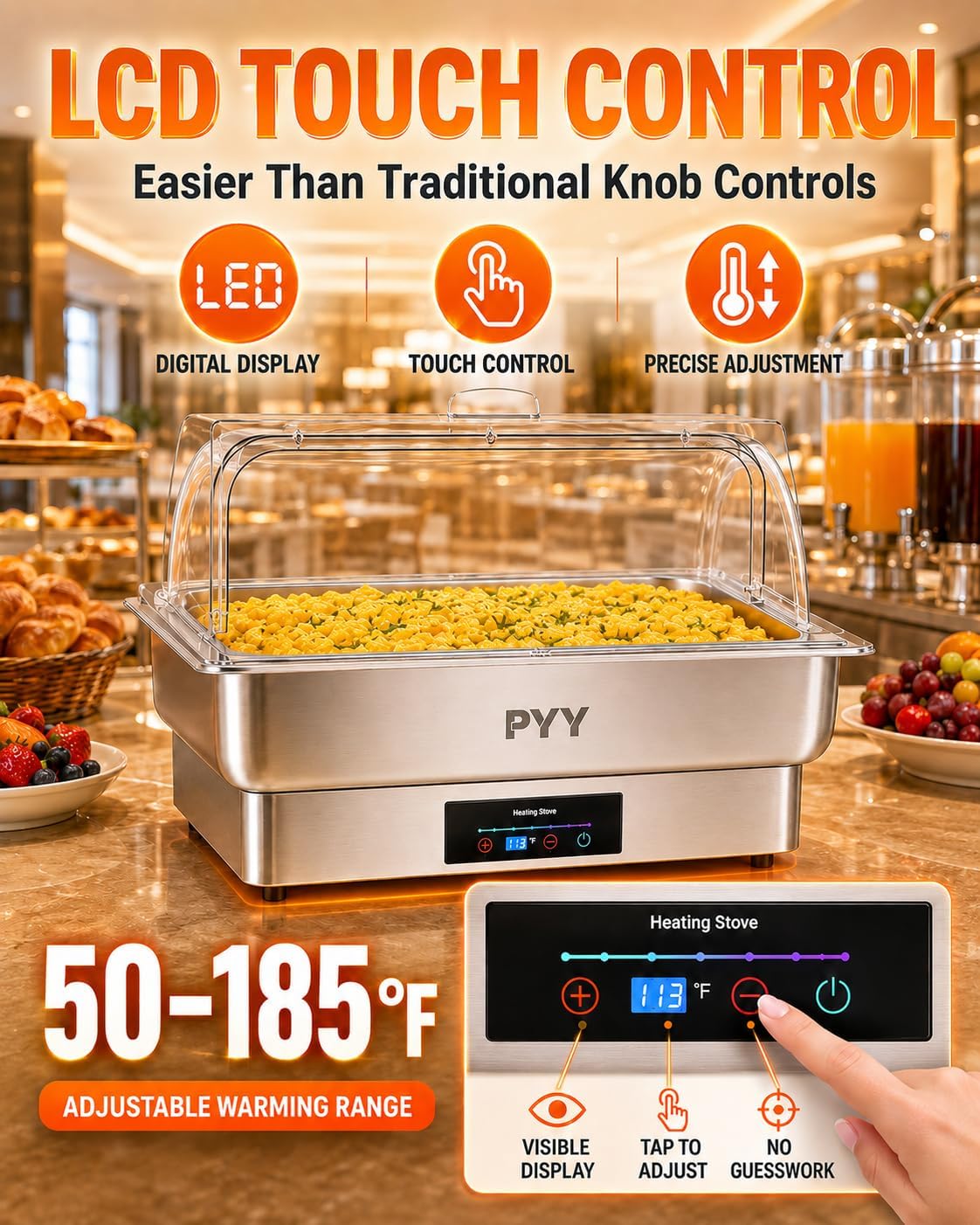 PYY Electric Chafing Dish for Buffet. 400W Stainless Steel Buffet Server and Warmer with Digital Touch Control. Clear Roll-Top Lid and Full-Size Food Pan for Catering. Parties and Weddings
