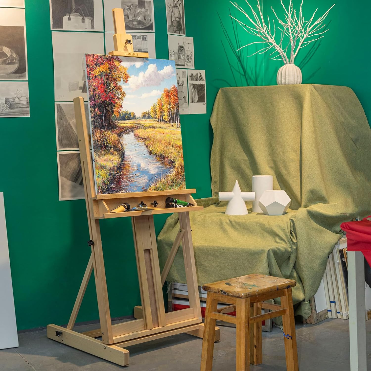 Somime Beechwood H-Frame Artist Studio Easel with Storage Drawer. Natural | Adjustable Wooden Painting Easel Holding Canvas up to 78 High