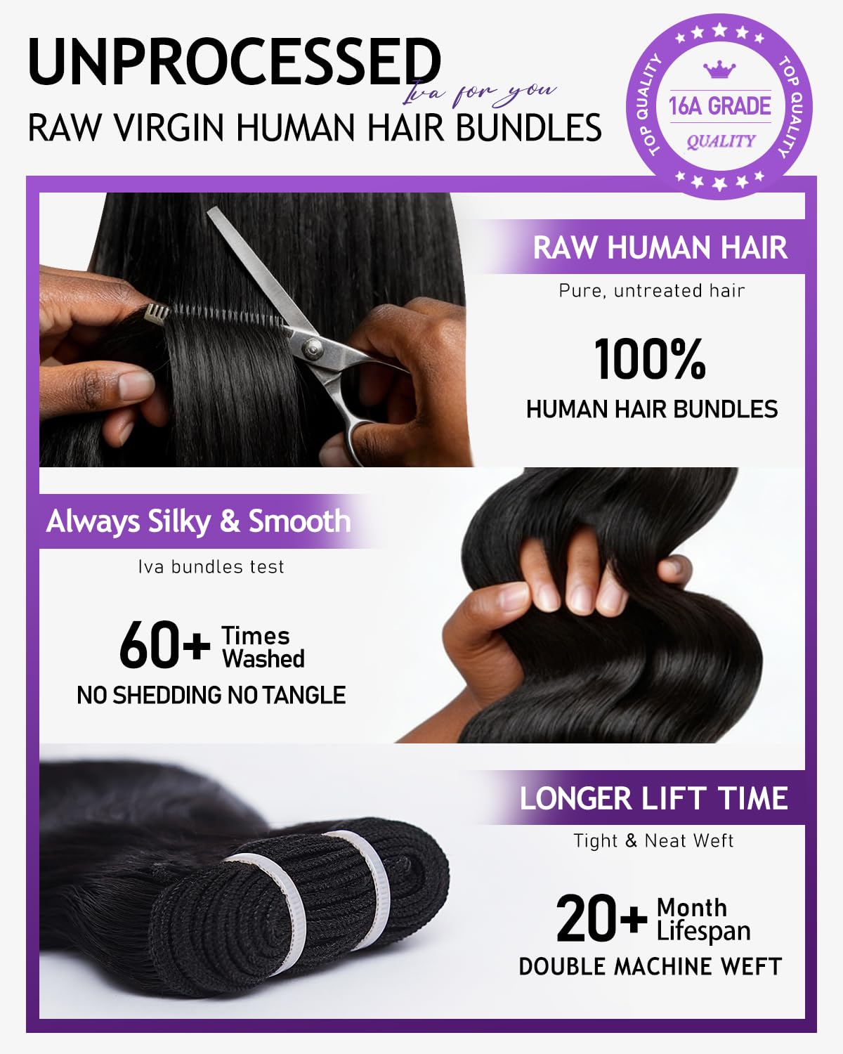 IVA 16A Body Wave Bundles Human Hair 16 16 16 Inch 100% Raw Human Hair | No Tangle No Shedding.Triple Lifespan.Sew In Weave 3 Bundles.Repeated Washes Maintain Silky Texture