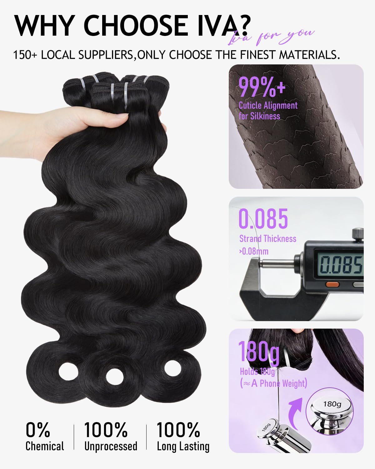 IVA 16A Body Wave Bundles Human Hair 16 16 16 Inch 100% Raw Human Hair | No Tangle No Shedding.Triple Lifespan.Sew In Weave 3 Bundles.Repeated Washes Maintain Silky Texture