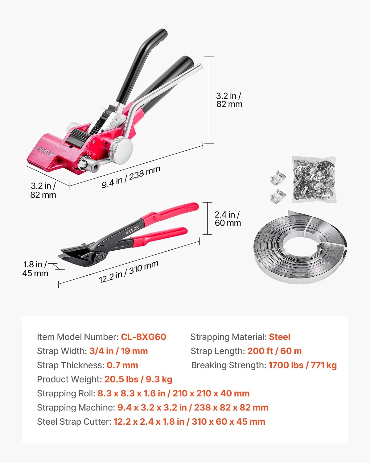 VEVOR Steel Banding Strapping Kit. Heavy Duty Banding Sealer Tool with 200 ft Binding Straps. 200 Metal Clasps. Manual Pallet Packaging Strapping Kit for Warehouse. Transportation. Industrial Bundling
