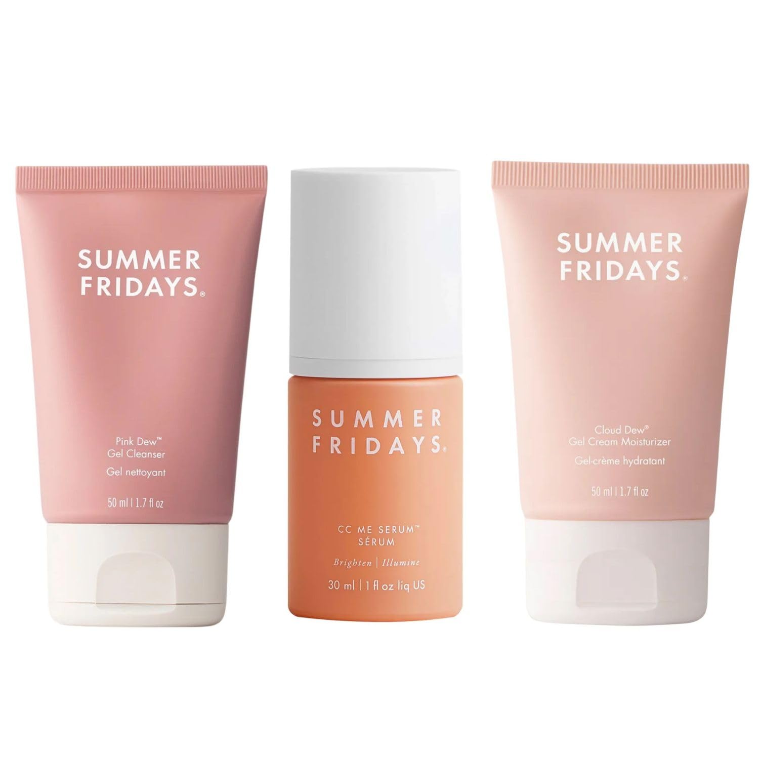 Summer Fridays Morning Trio - Travel Size Pink Dew Gel Face Wash. Cloud Dew Gel Face Moisturizer + CC Me Vitamin C + Niacinamide Serum - Brightening + Hydrating Morning Skin Care Set (3 Count)