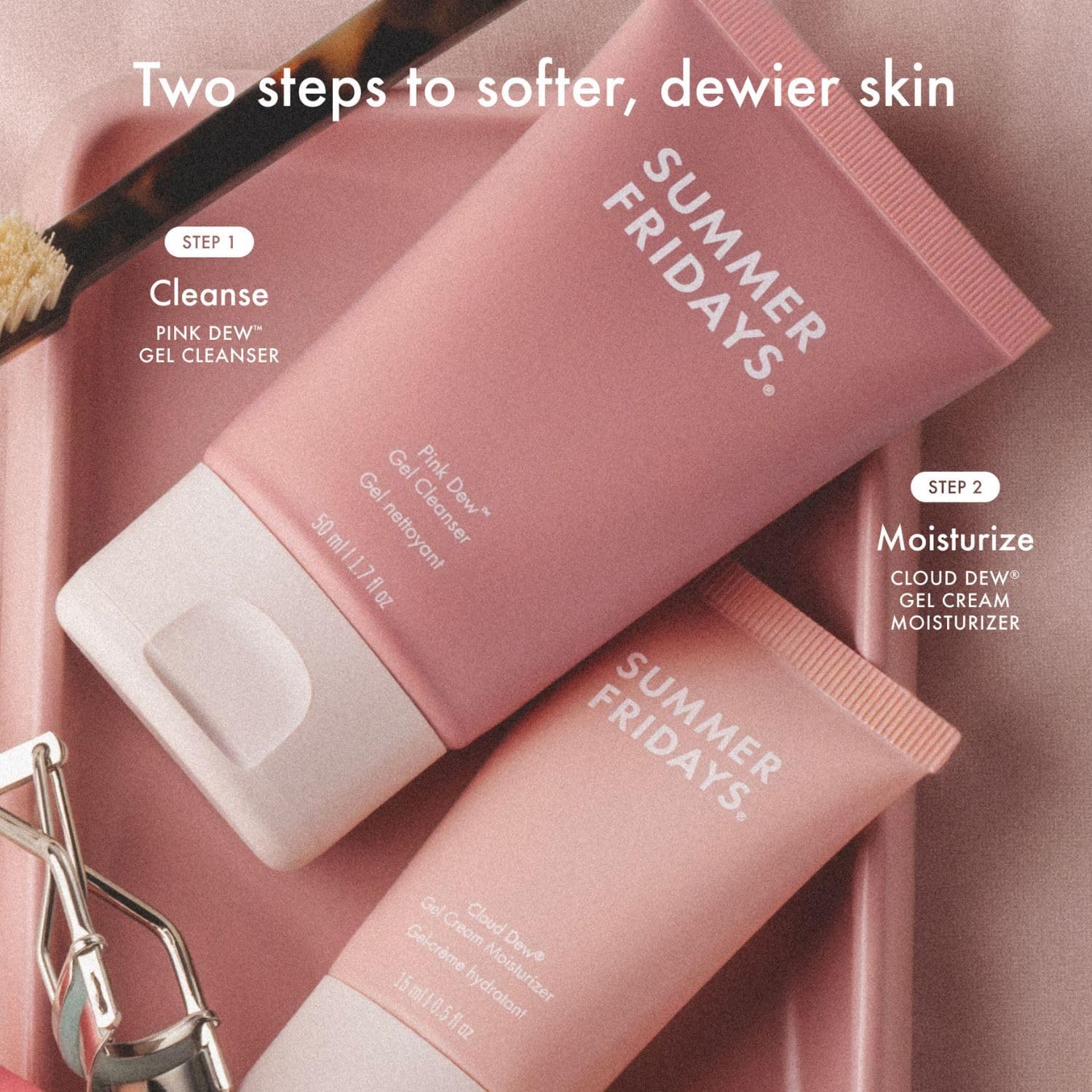 Summer Fridays Morning Trio - Travel Size Pink Dew Gel Face Wash. Cloud Dew Gel Face Moisturizer + CC Me Vitamin C + Niacinamide Serum - Brightening + Hydrating Morning Skin Care Set (3 Count)