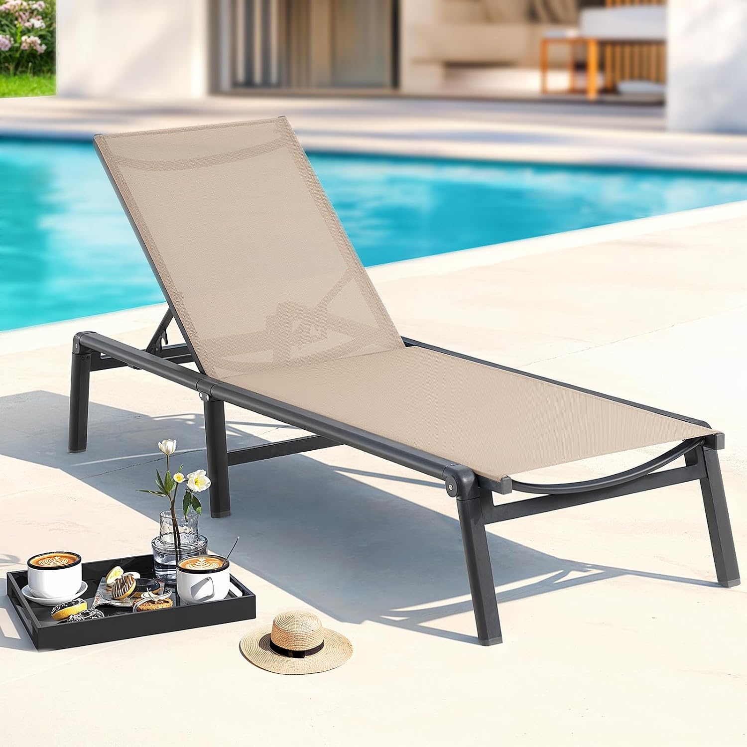 Aluminum Chaise Lounge Chair Outdoor for Outside Poolside. 1PC. Khaki | Foldable & Assembly Free Outdoor Lounge Chair with 5 Position Adjustable Backrest. Patio Pool Lounge Chairs for Beach Lawn