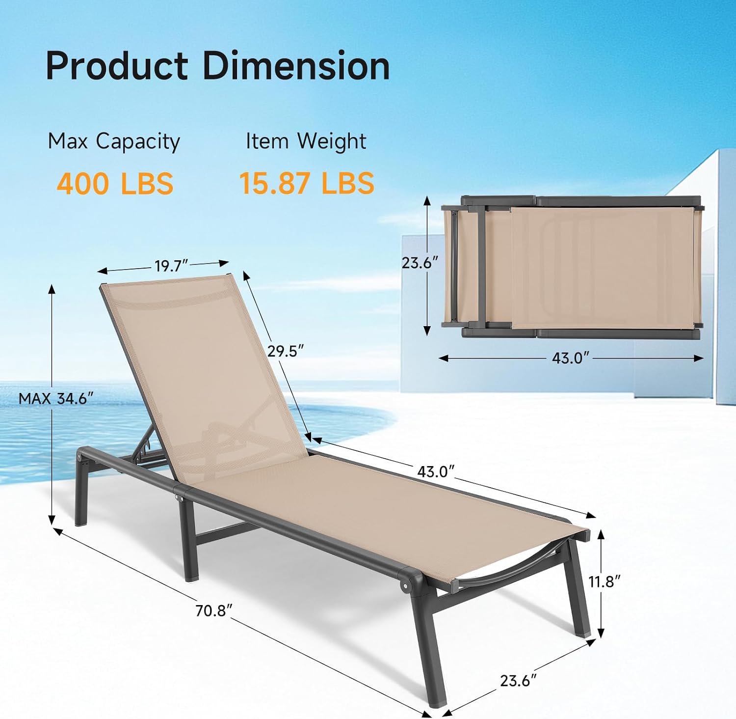Aluminum Chaise Lounge Chair Outdoor for Outside Poolside. 1PC. Khaki | Foldable & Assembly Free Outdoor Lounge Chair with 5 Position Adjustable Backrest. Patio Pool Lounge Chairs for Beach Lawn
